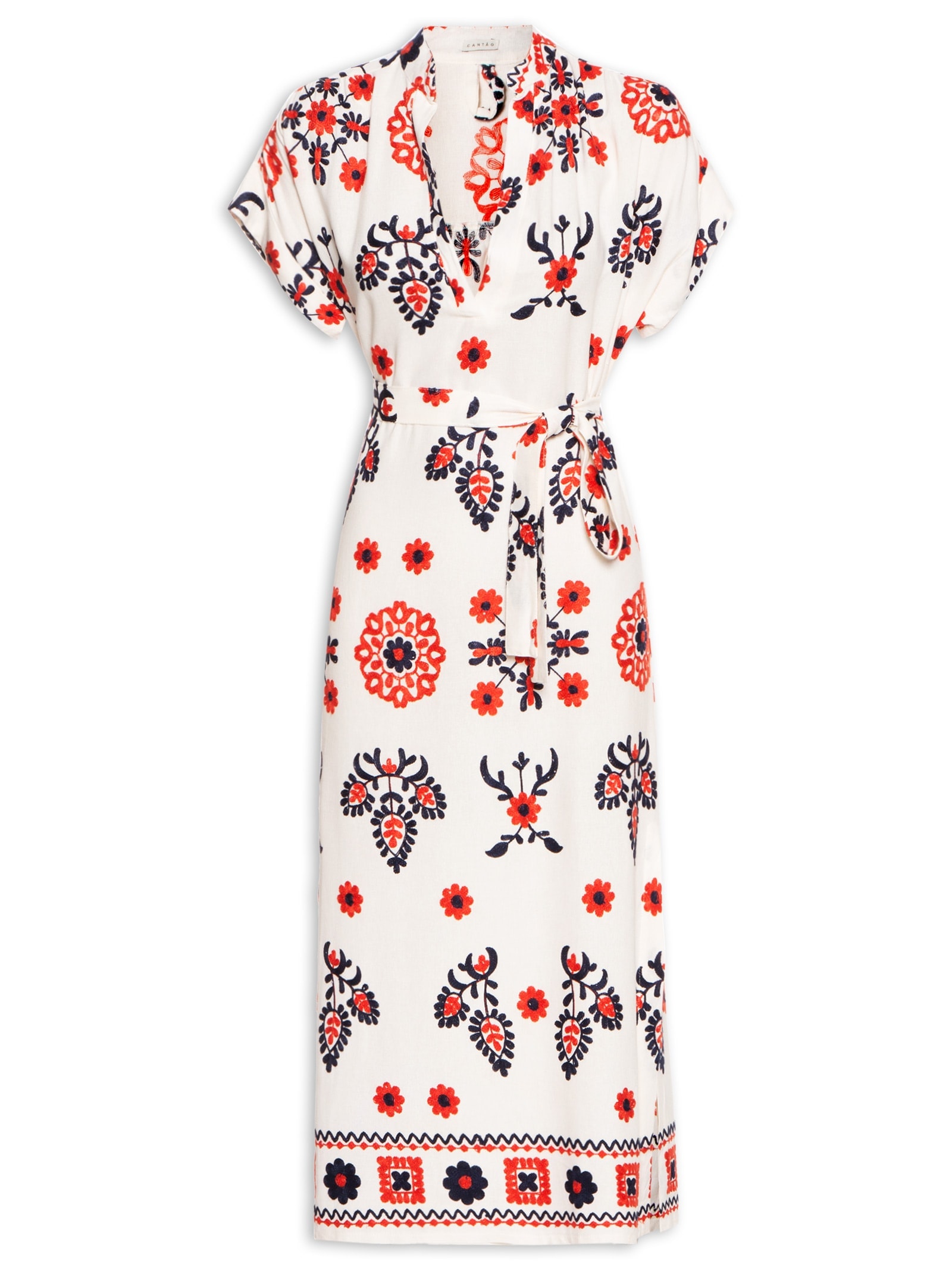 Vestido Linho Bordado Floral Místico Branco Cantão