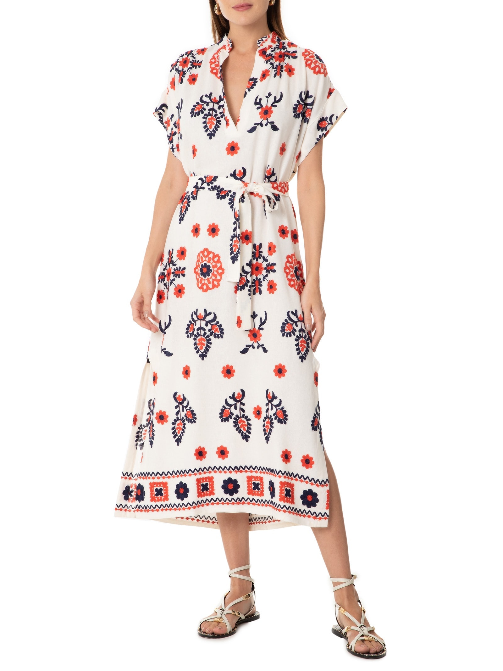Vestido Linho Bordado Floral Místico Branco Cantão