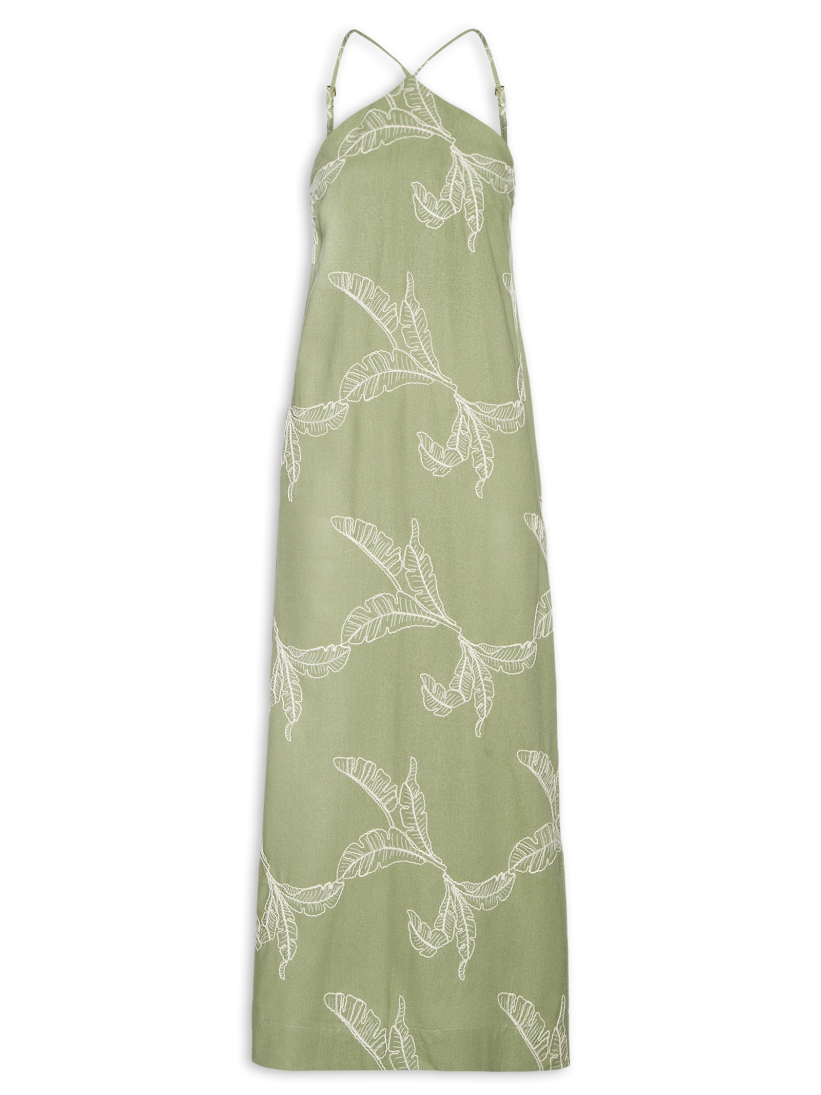 Vestido Linho Bordado Folhas Verde Dress To