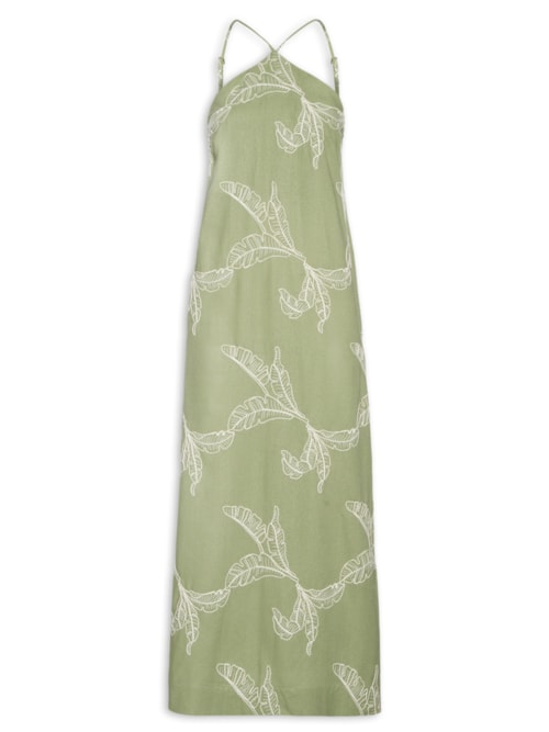 Vestido Linho Bordado Folhas – Verde
