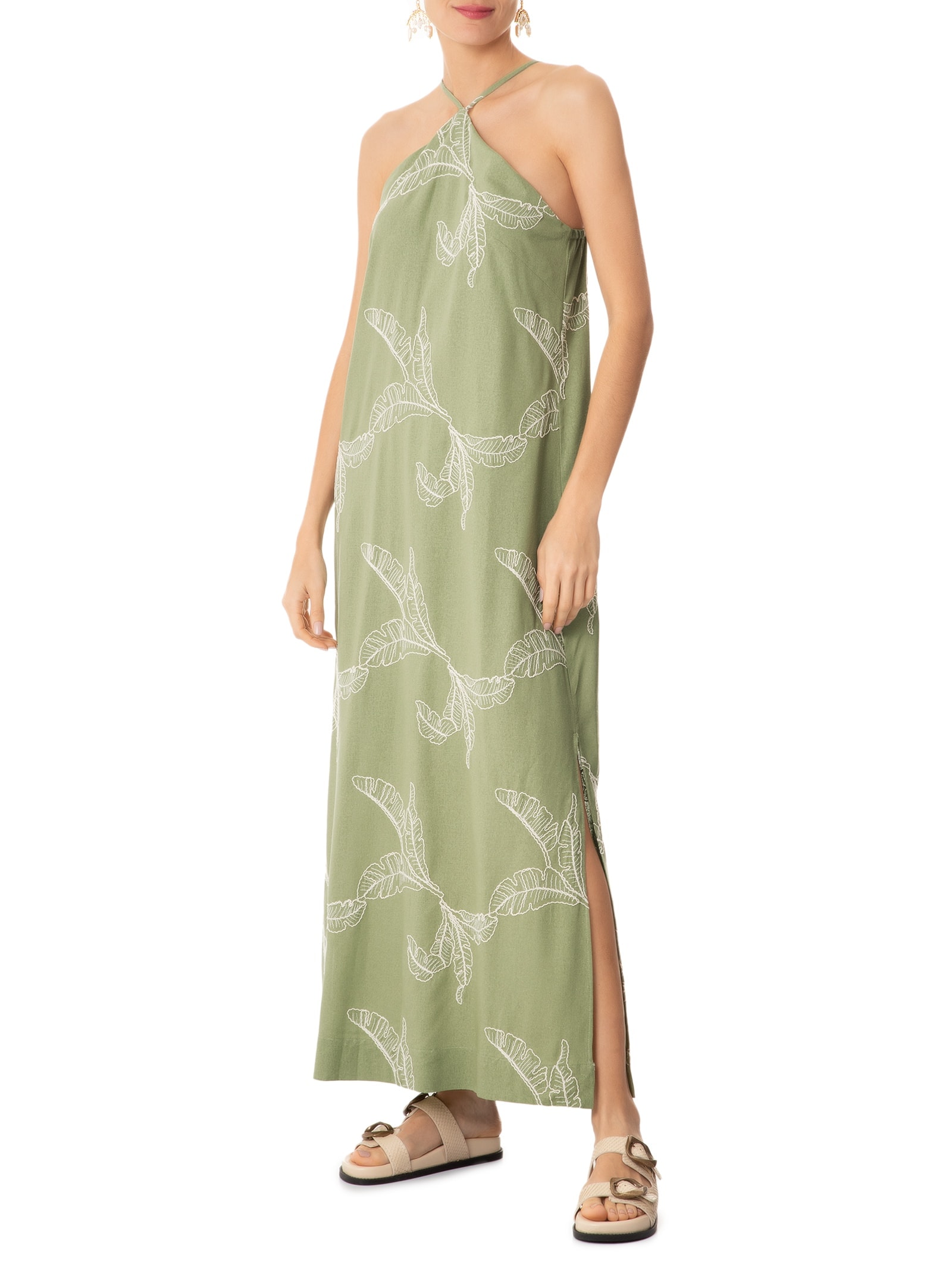 Vestido Linho Bordado Folhas Verde Dress To