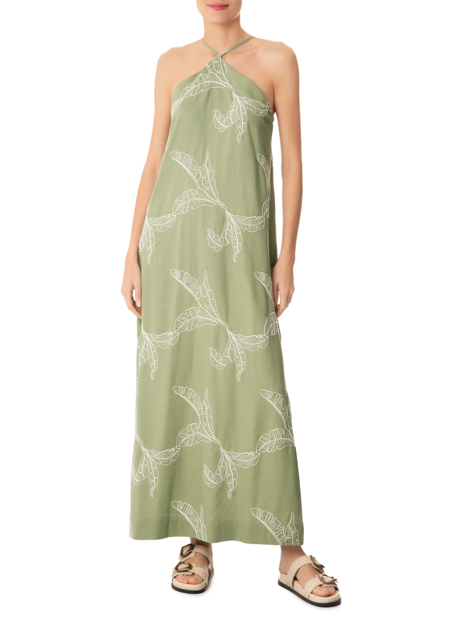 Vestido Linho Bordado Folhas Verde Dress To