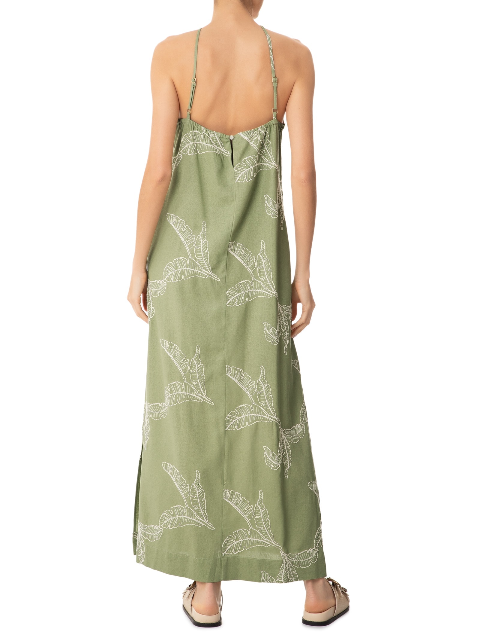 Vestido Linho Bordado Folhas Verde Dress To