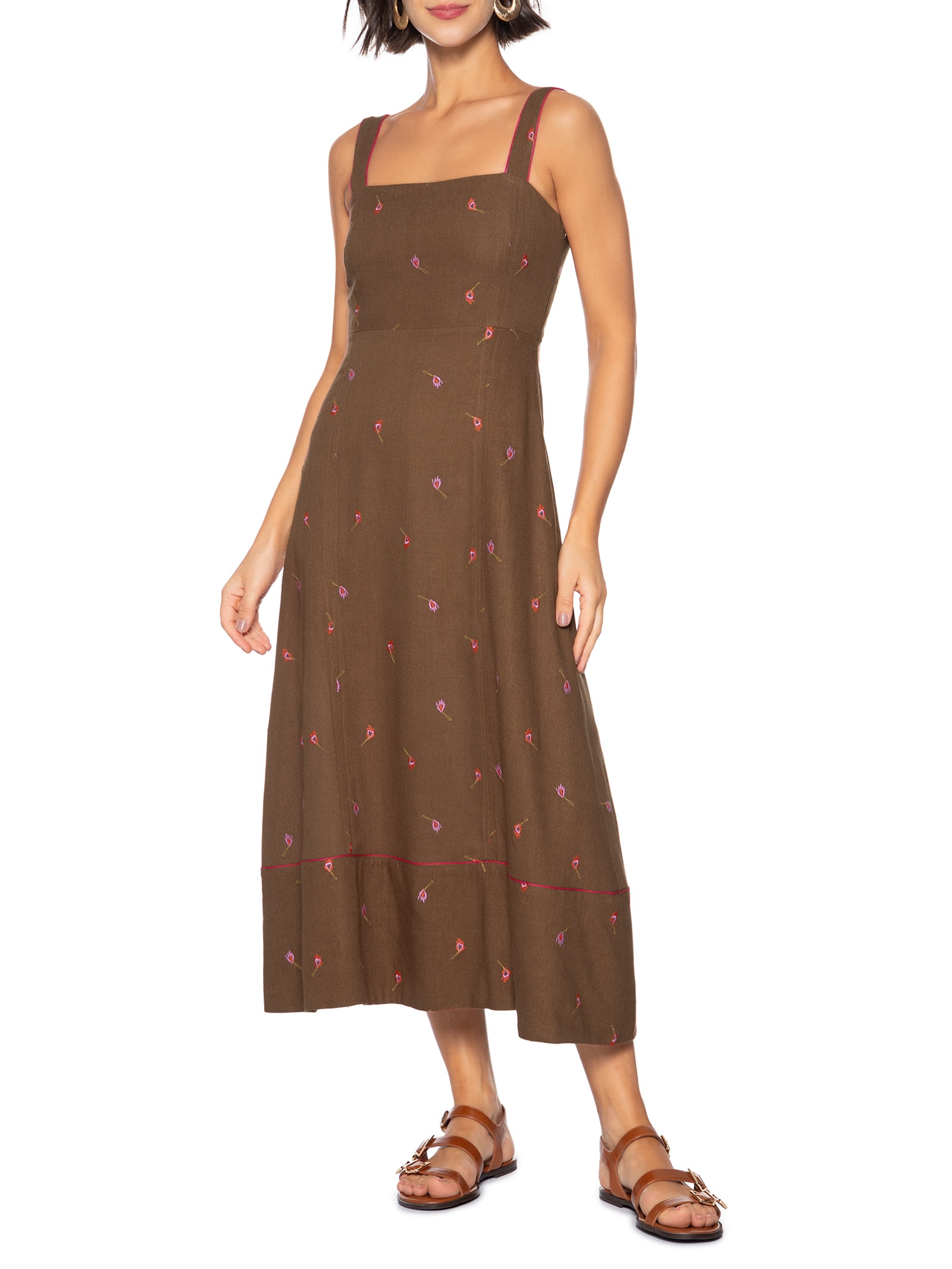 Vestido Linho Bordado Fósforos Marrom Cantão