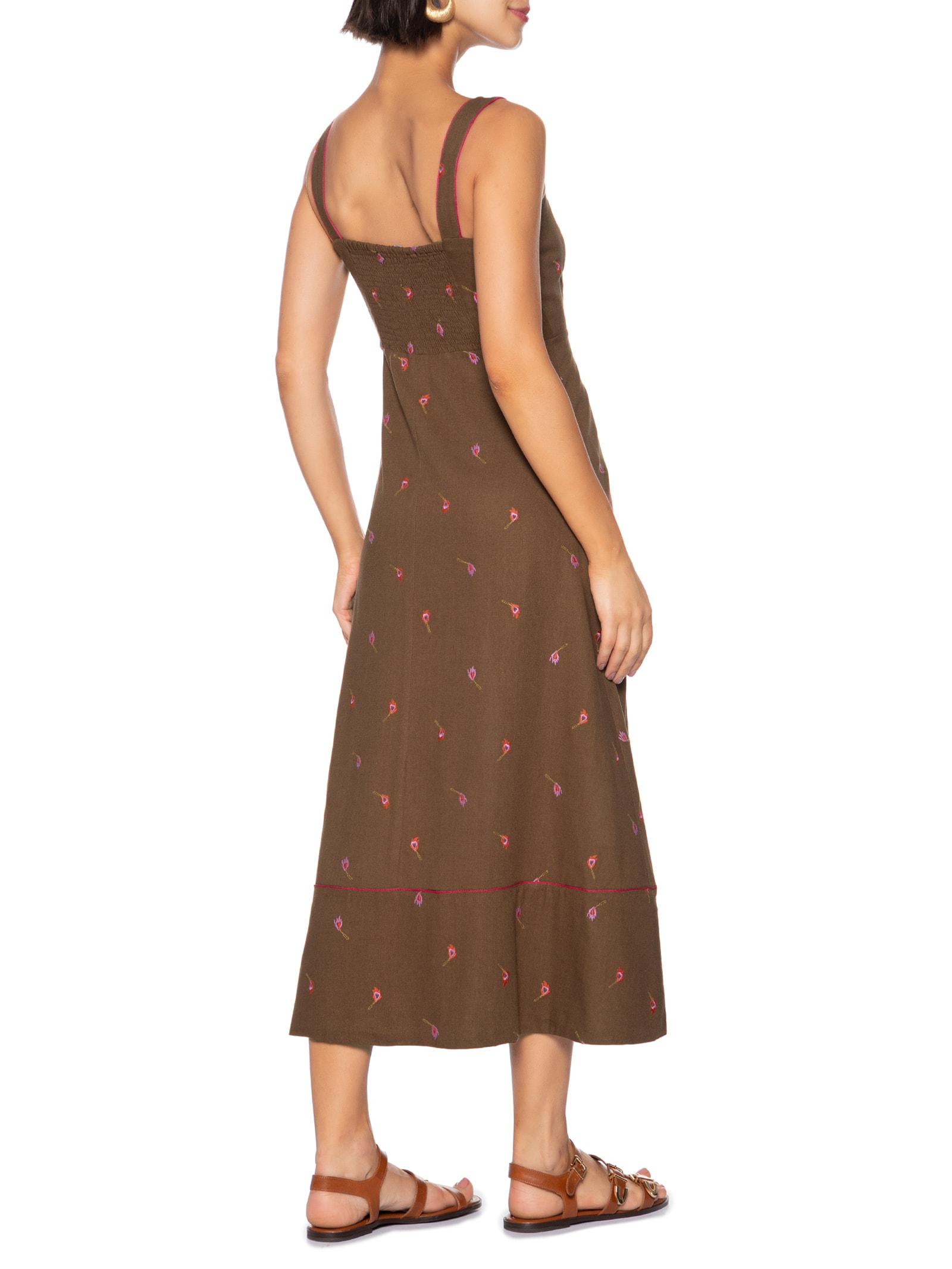Vestido Linho Bordado Fósforos Marrom Cantão