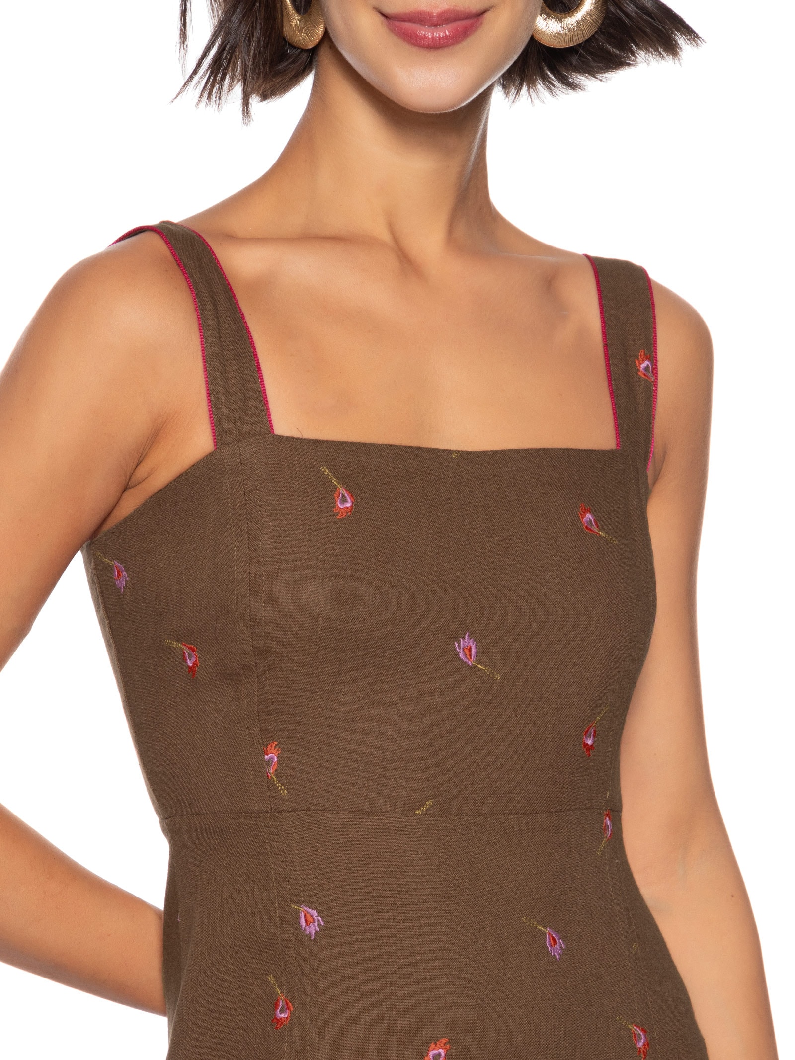 Vestido Linho Bordado Fósforos Marrom Cantão