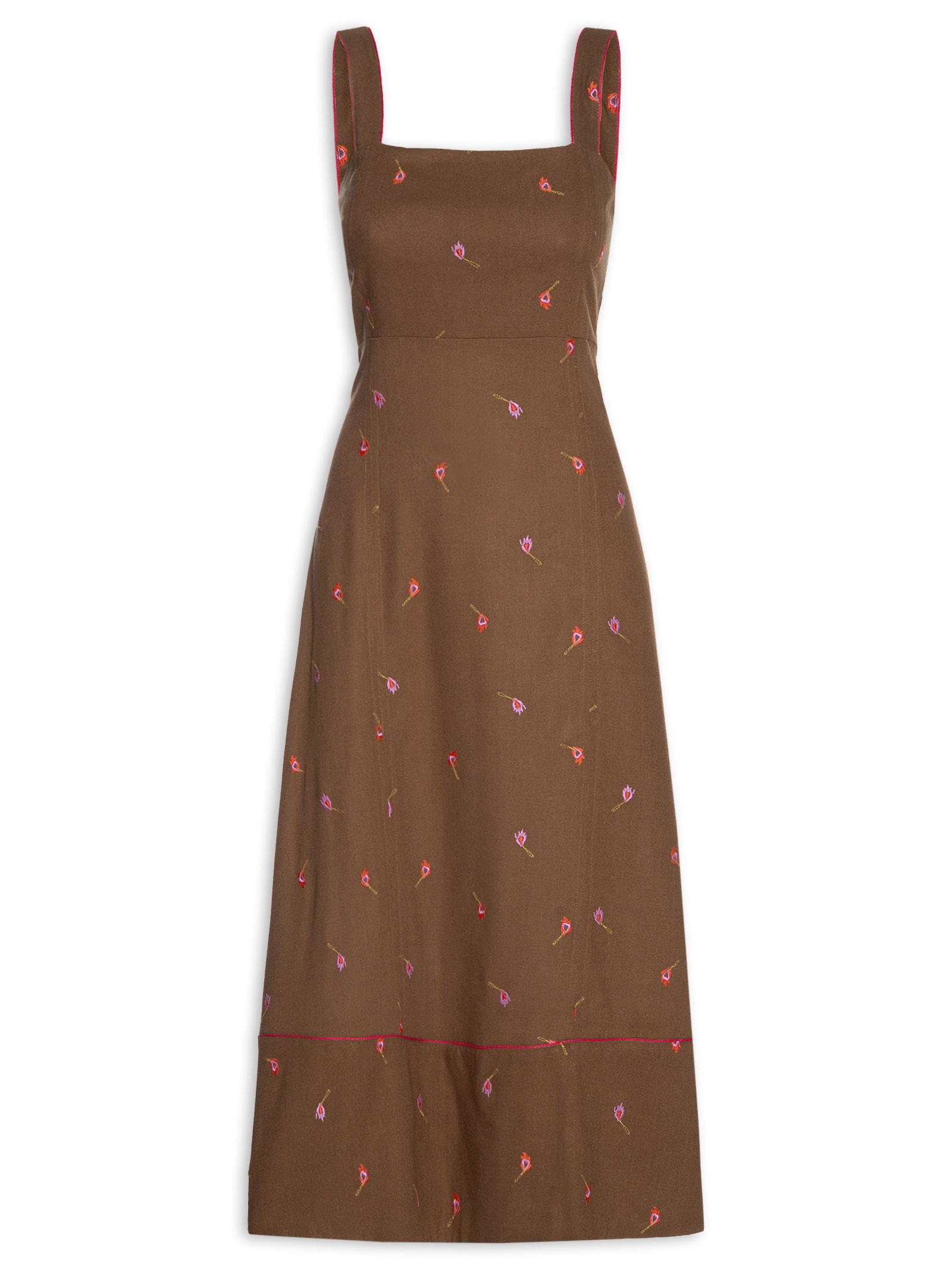 Vestido Linho Bordado Fósforos Marrom Cantão