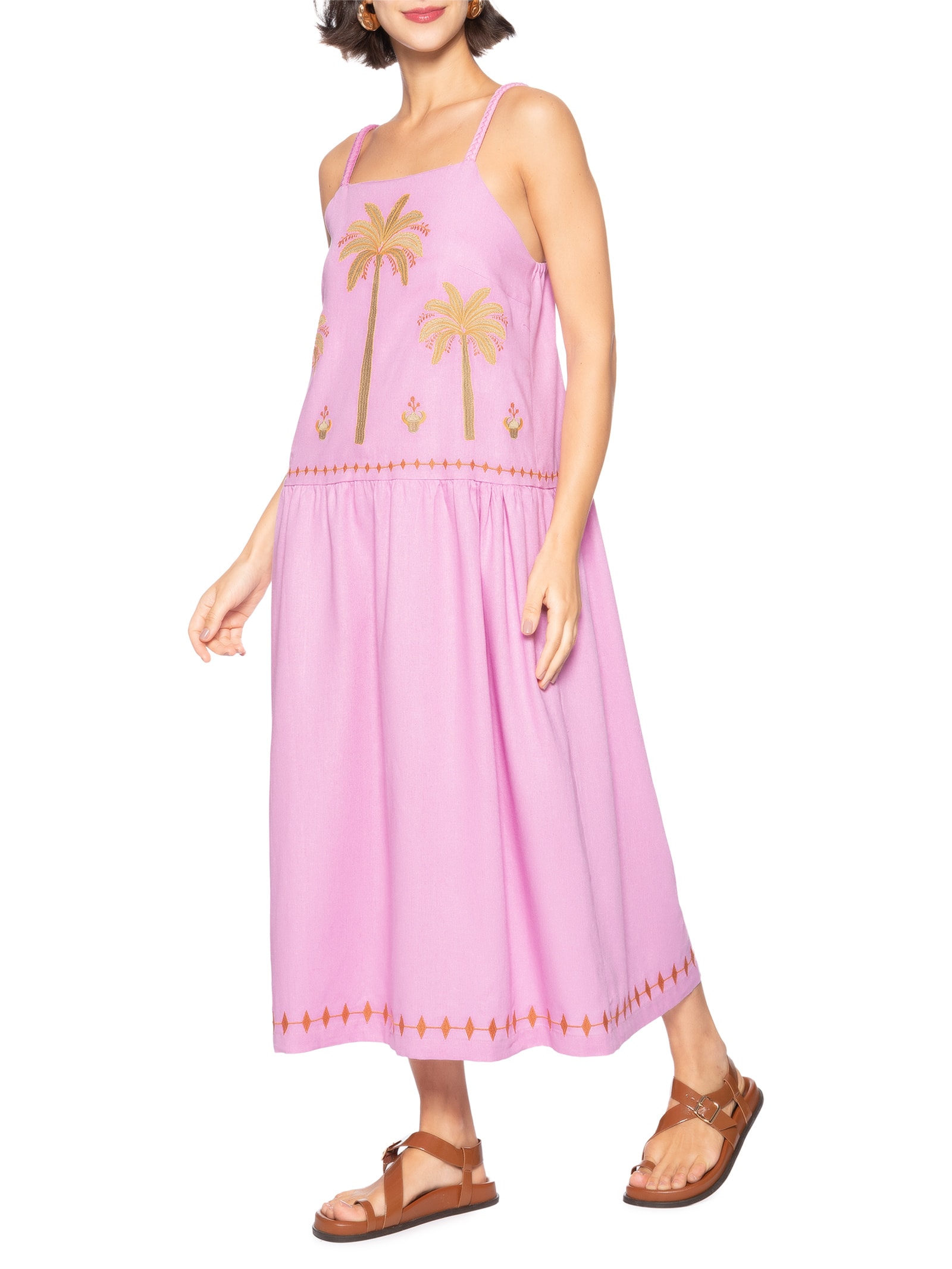 Vestido Linho Bordado Miragem Rosa Cantão