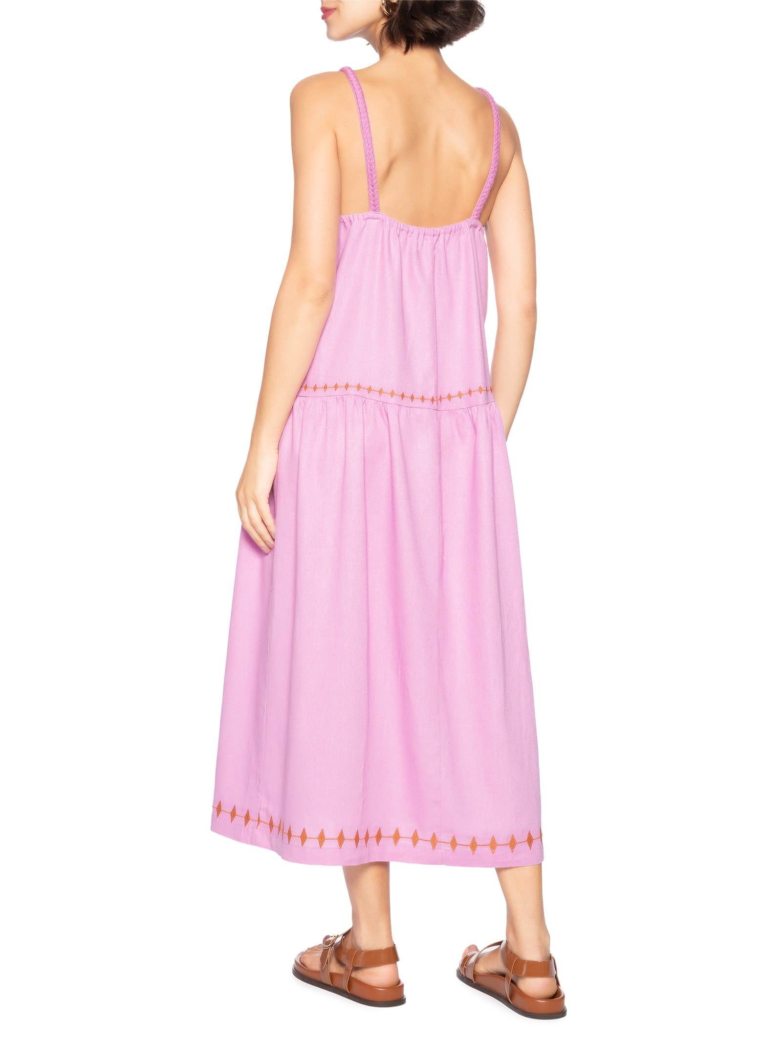 Vestido Linho Bordado Miragem Rosa Cantão