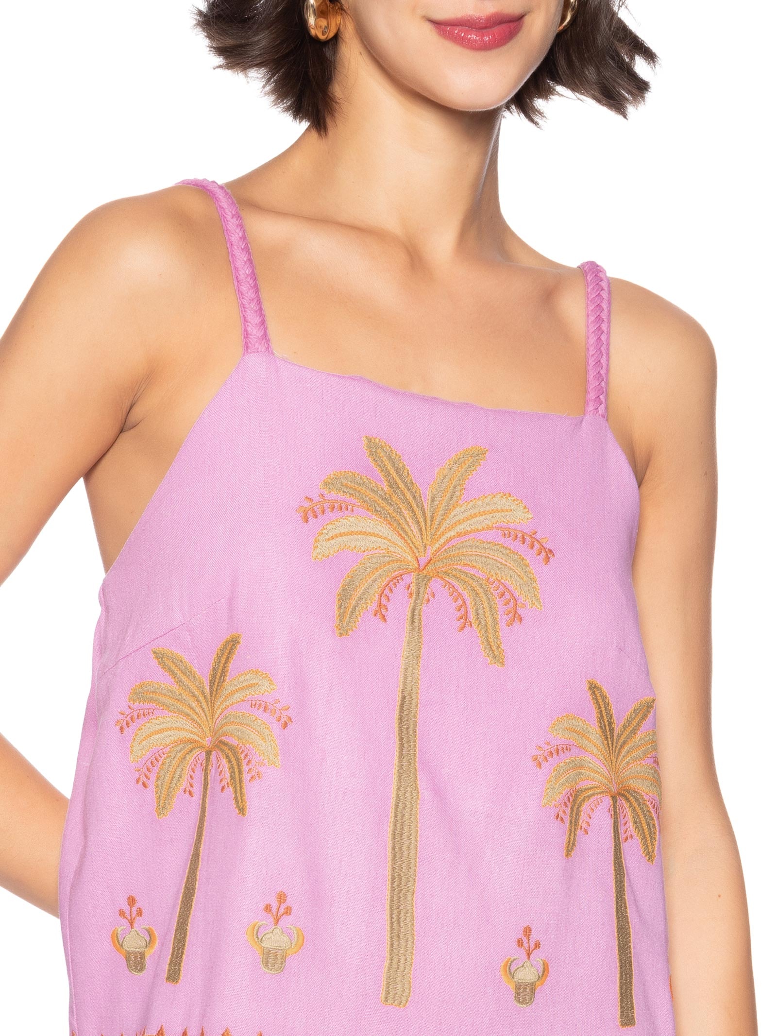 Vestido Linho Bordado Miragem Rosa Cantão