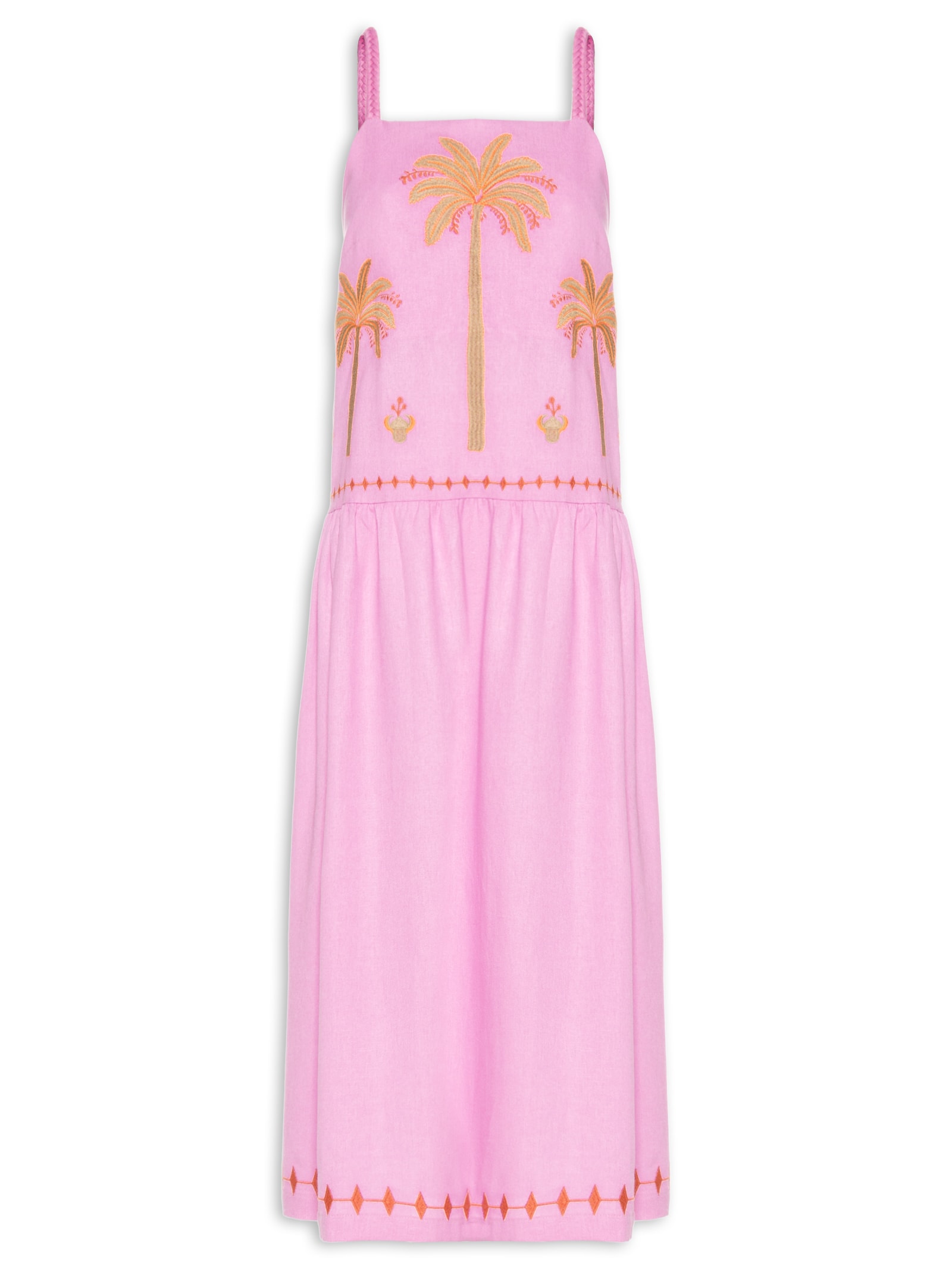 Vestido Linho Bordado Miragem Rosa Cantão