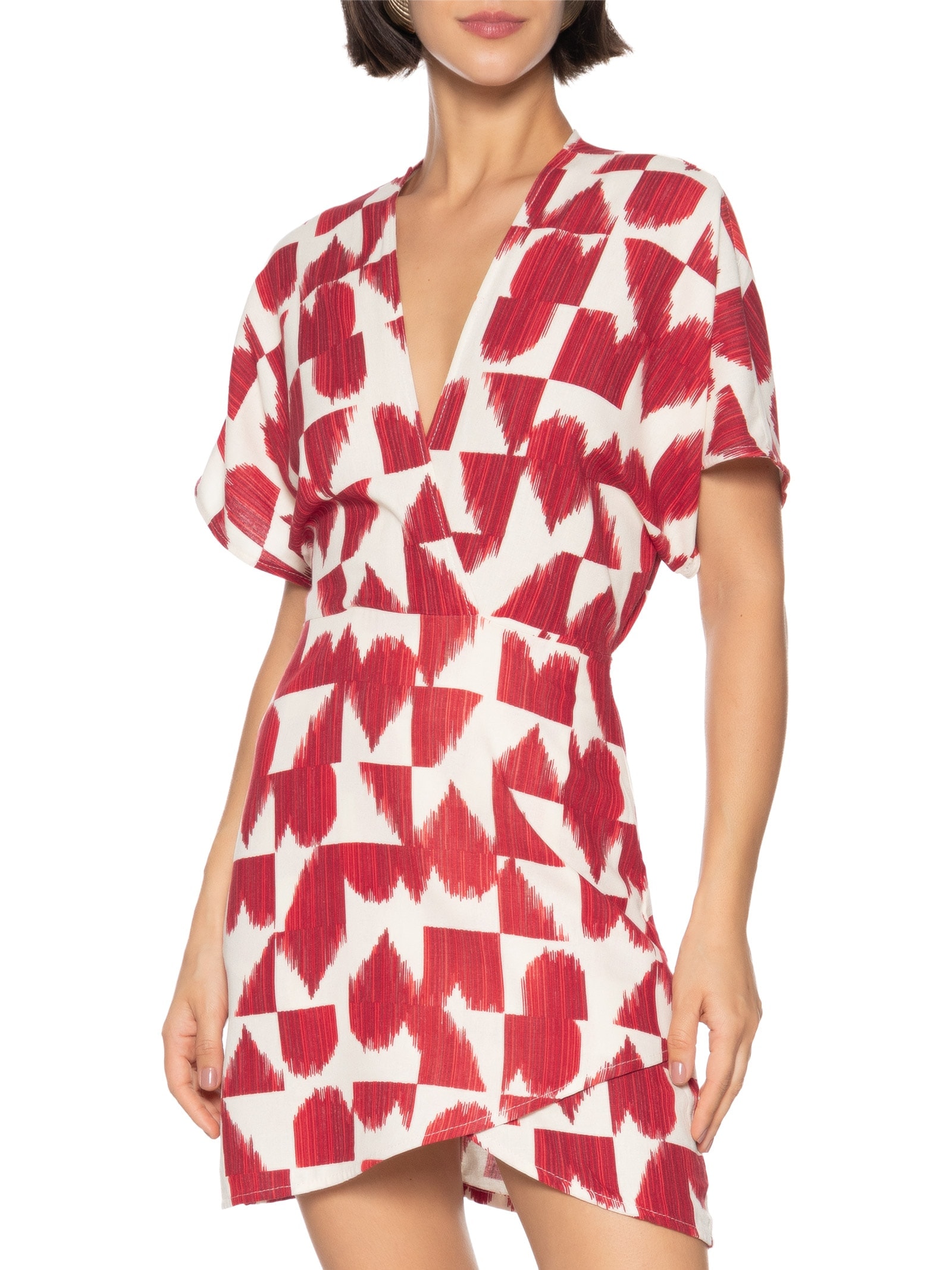 Vestido Linho Curto Estampado Coração Partido Vermelho Cantão
