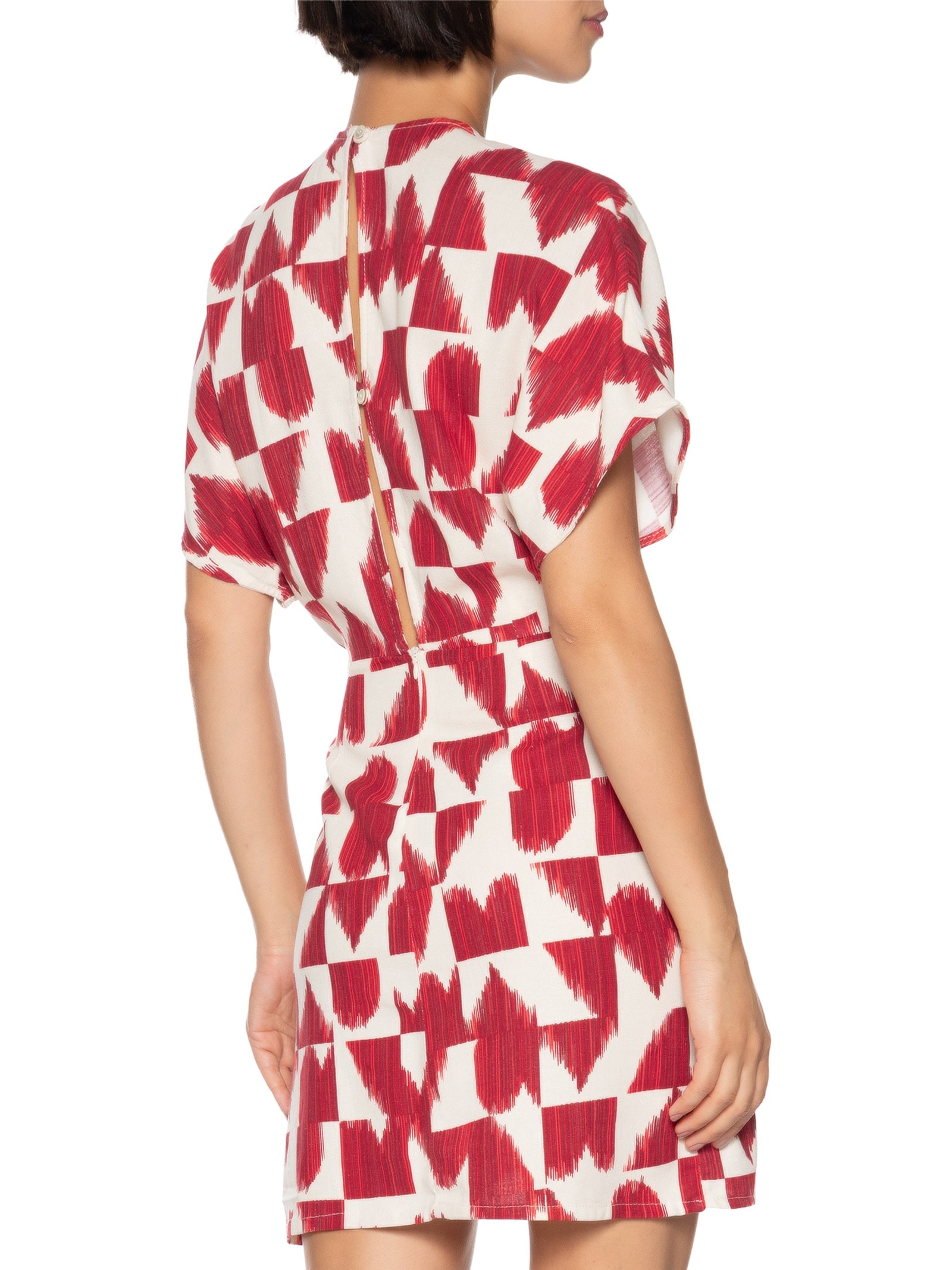 Vestido Linho Curto Estampado Coração Partido Vermelho Cantão