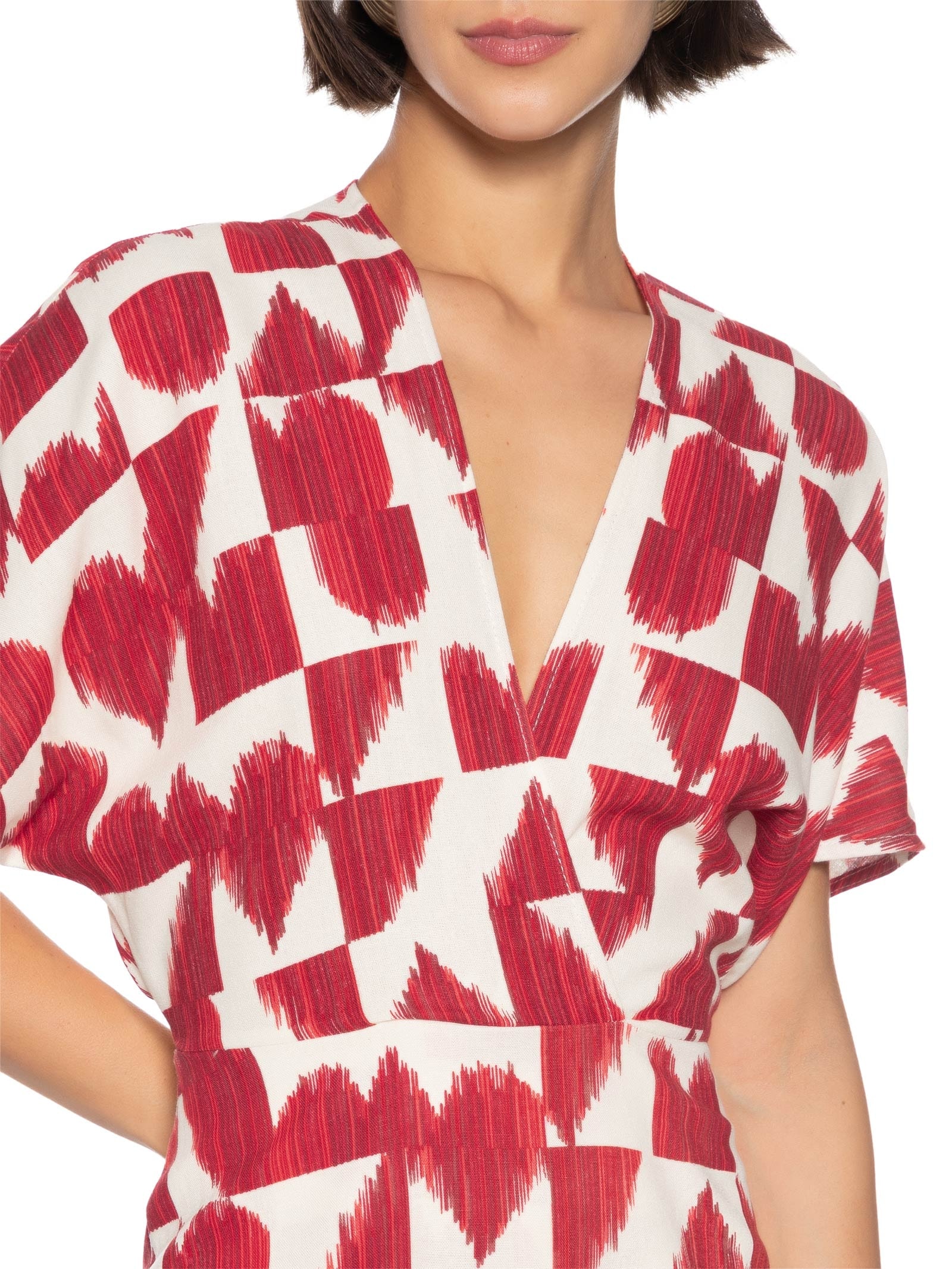 Vestido Linho Curto Estampado Coração Partido Vermelho Cantão