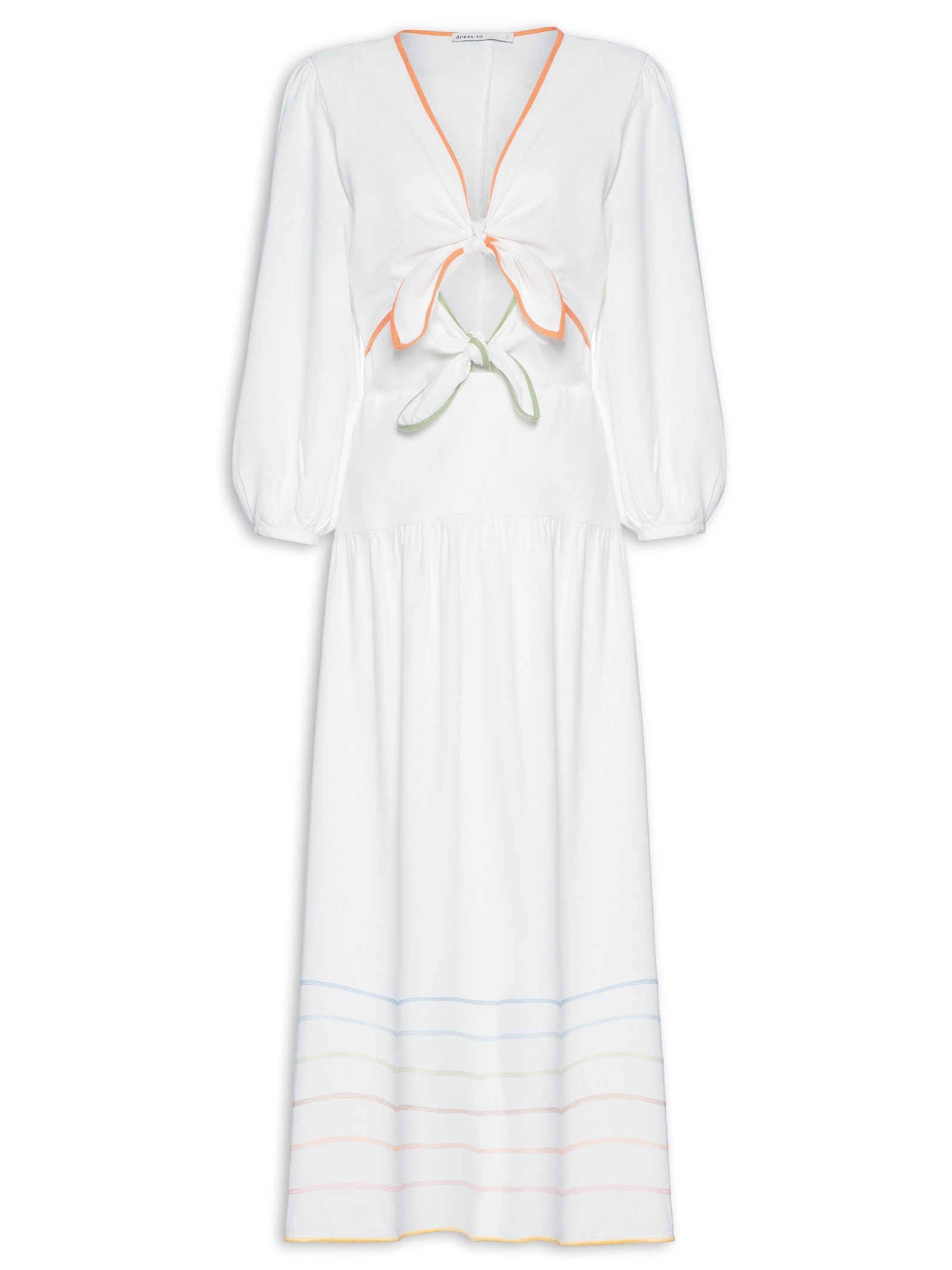 Vestido Linho Midi Bordado Ondas Colorido Branco Dress To