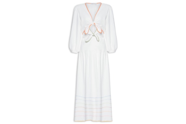 Vestido Linho Midi Bordado Ondas Colorido - Branco
