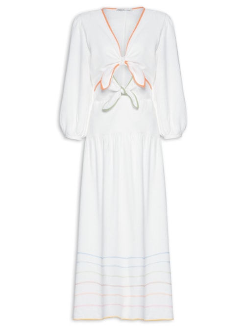 Vestido Linho Midi Bordado Ondas Colorido – Branco