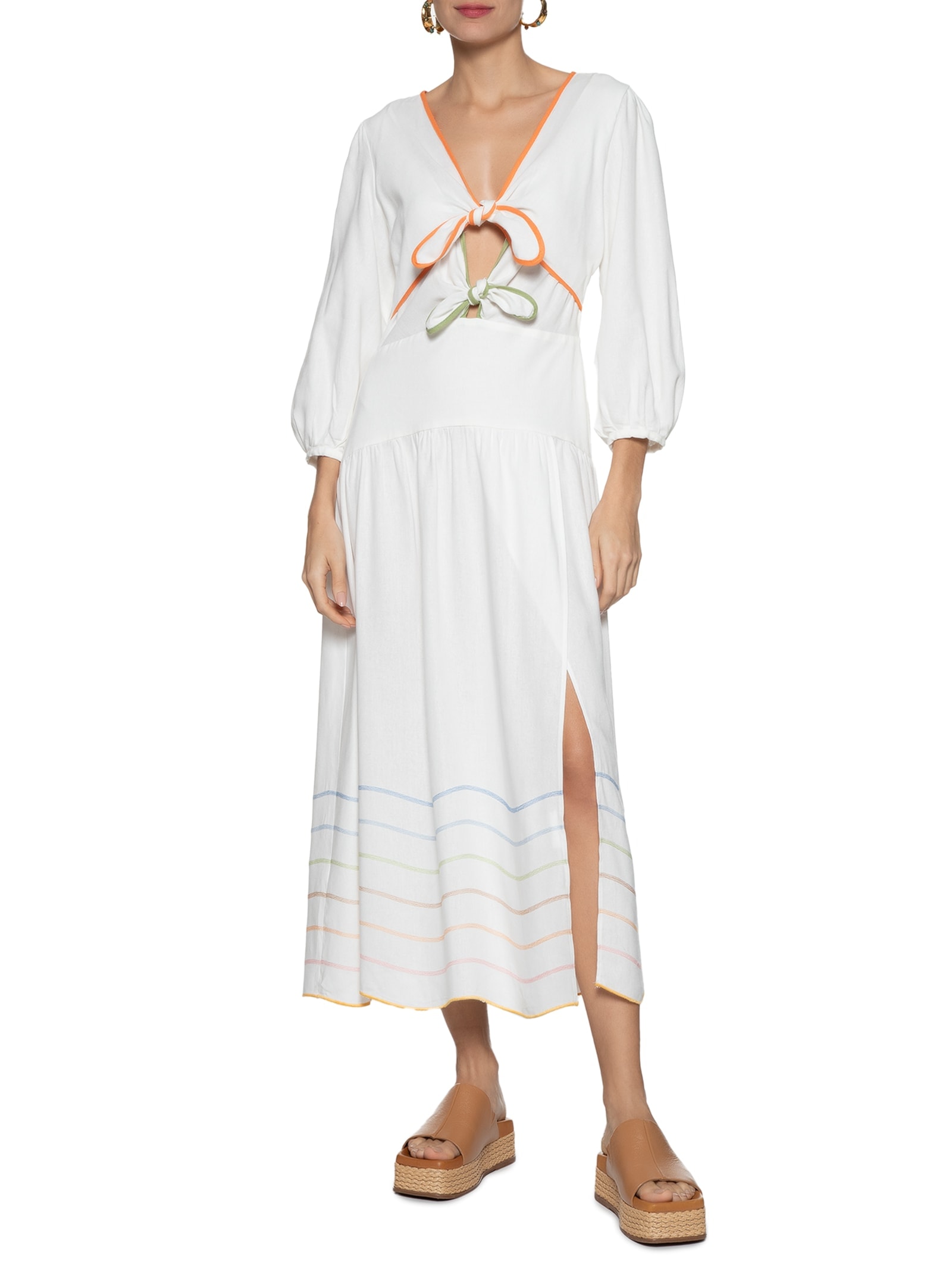 Vestido Linho Midi Bordado Ondas Colorido Branco Dress To
