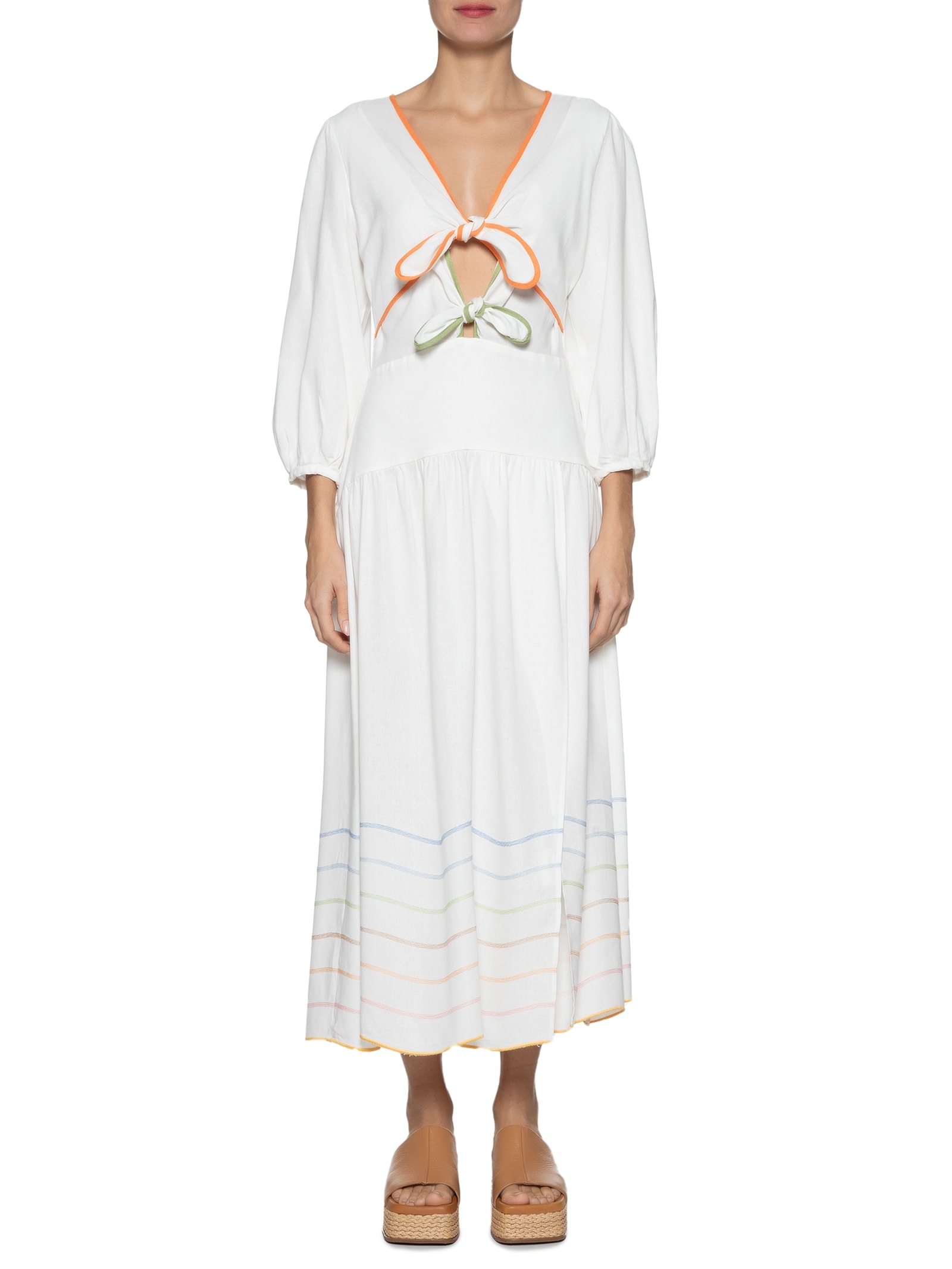 Vestido Linho Midi Bordado Ondas Colorido Branco Dress To