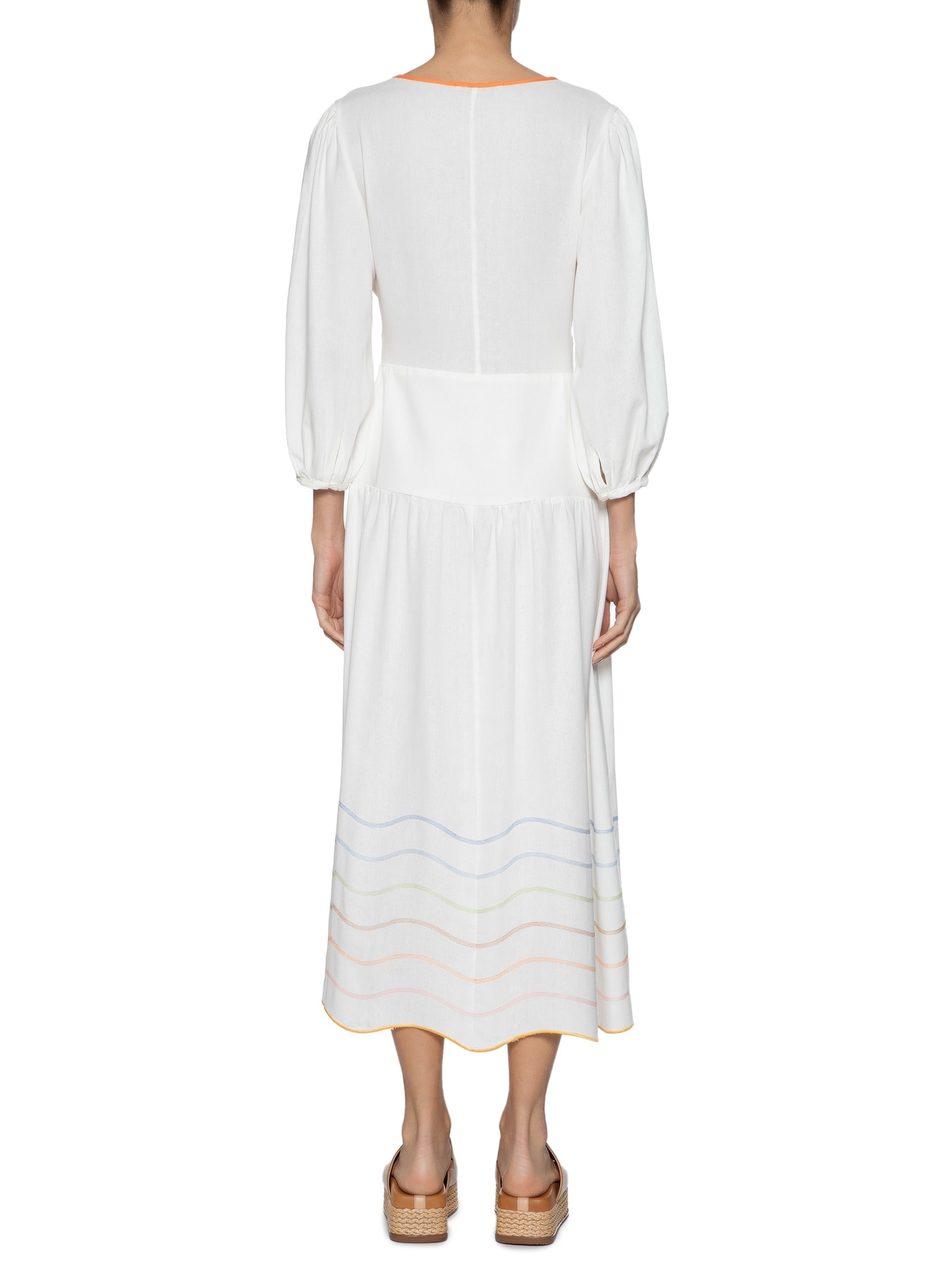 Vestido Linho Midi Bordado Ondas Colorido Branco Dress To