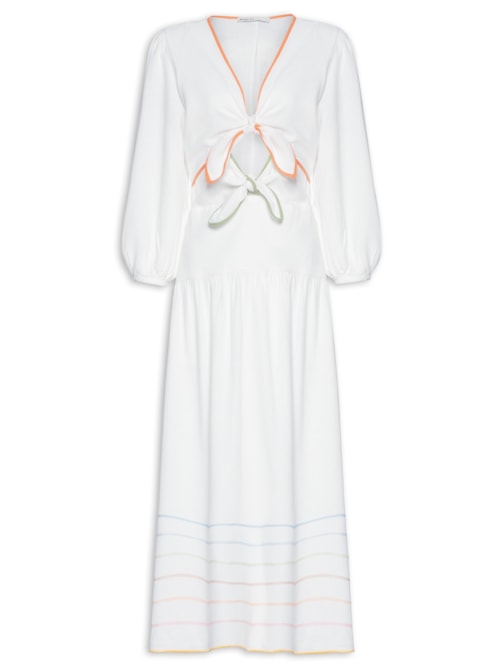 Vestido Linho Midi Bordado Ondas Colorido - Branco