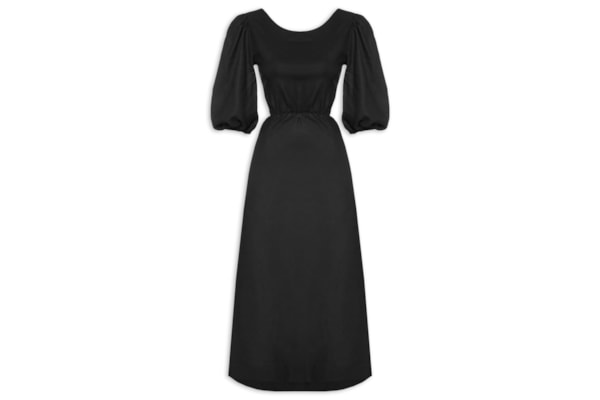 Vestido Linho Midi Recortes Amarração - Preto