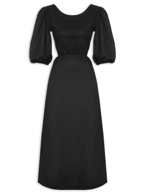 Vestido Linho Midi Recortes Amarração – Preto