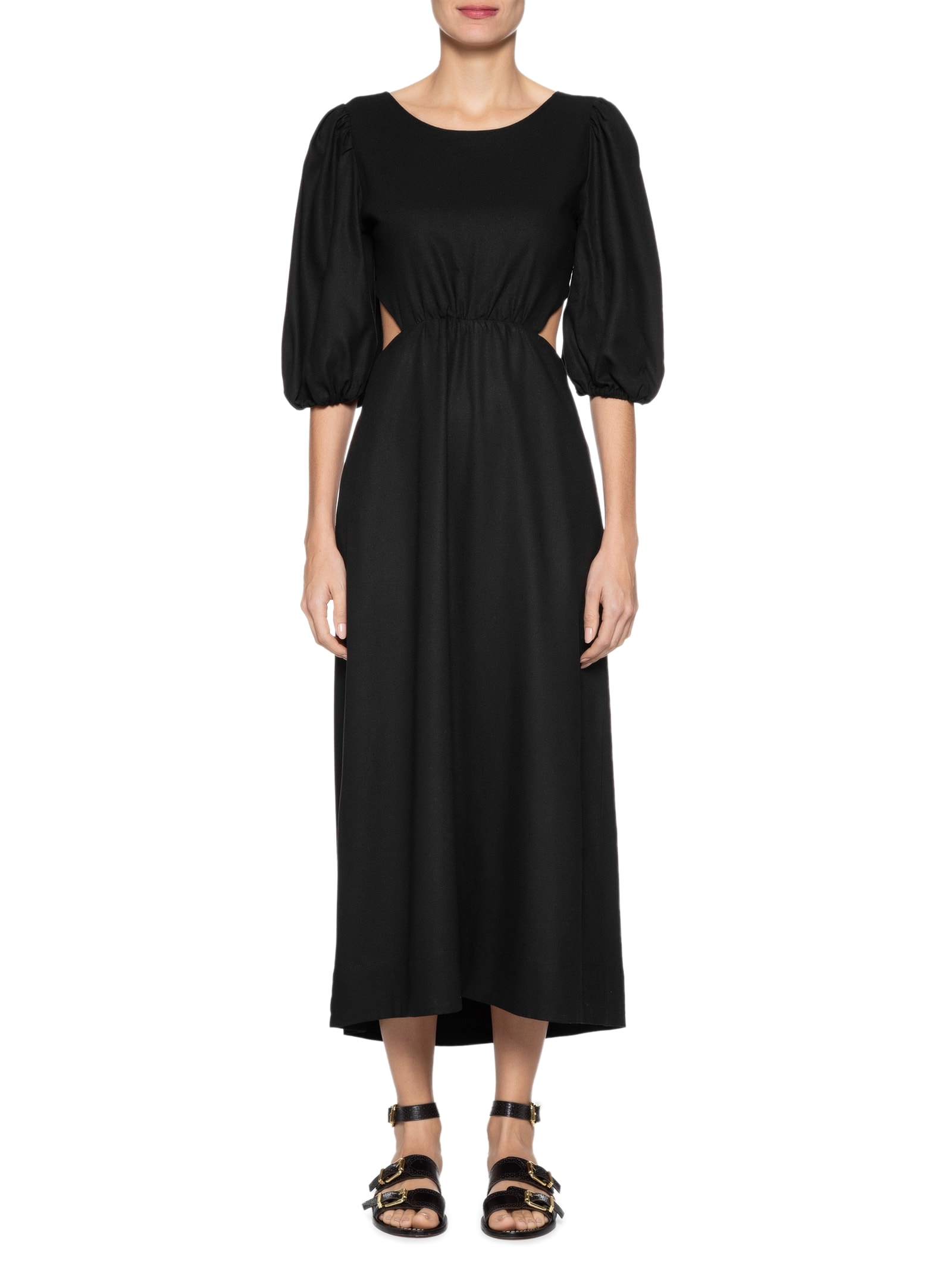 Vestido Linho Midi Recortes Amarração Preto Dress To