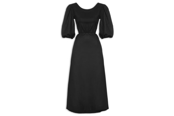 Vestido Linho Midi Recortes Amarração - Preto