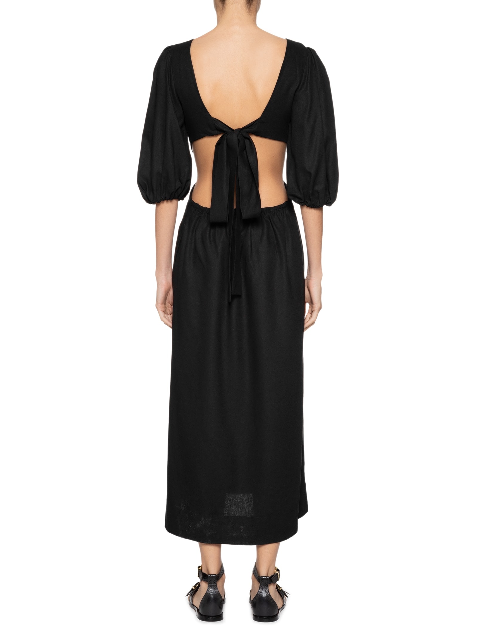 Vestido Linho Midi Recortes Amarração Preto Dress To