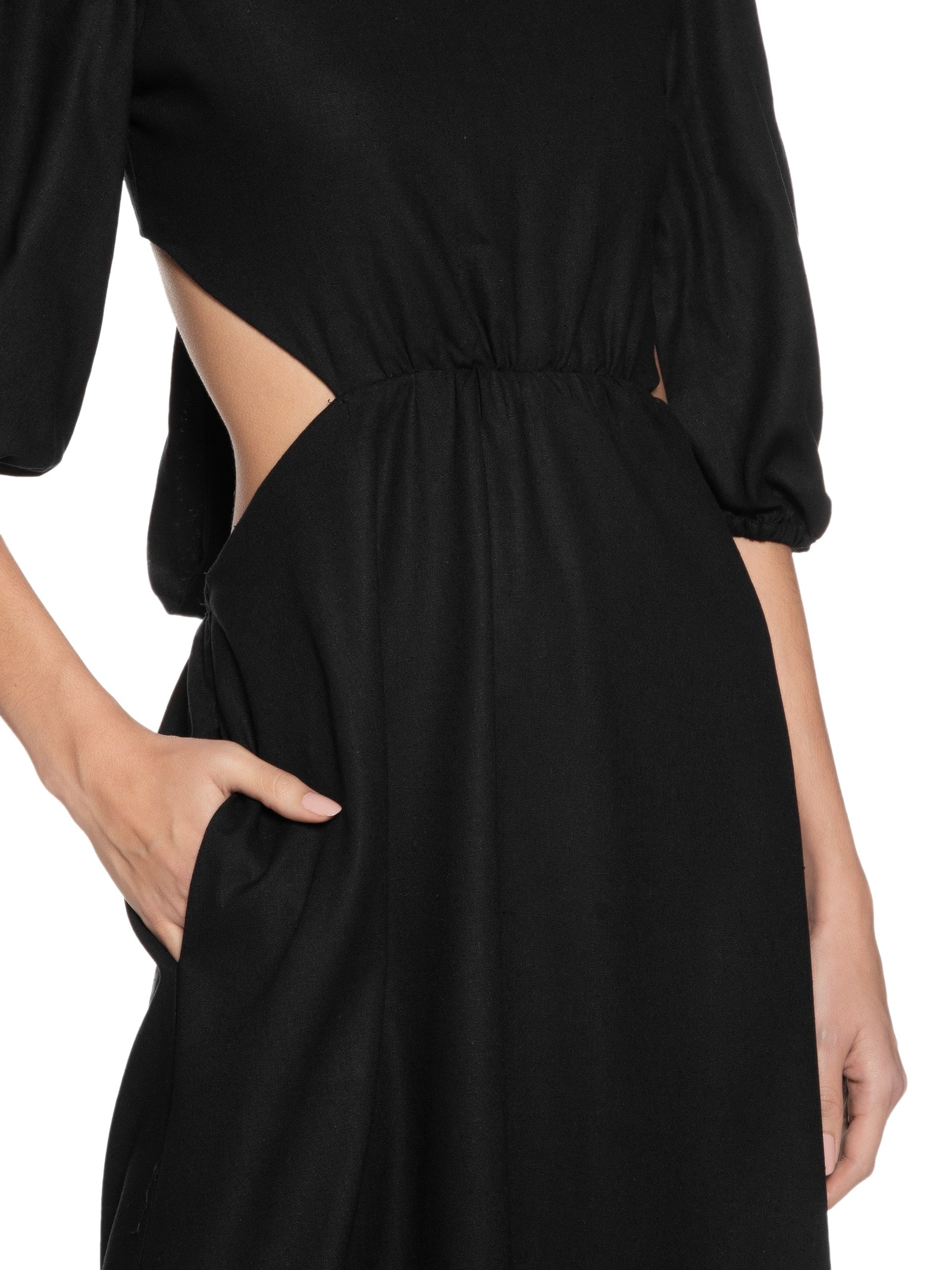 Vestido Linho Midi Recortes Amarração Preto Dress To