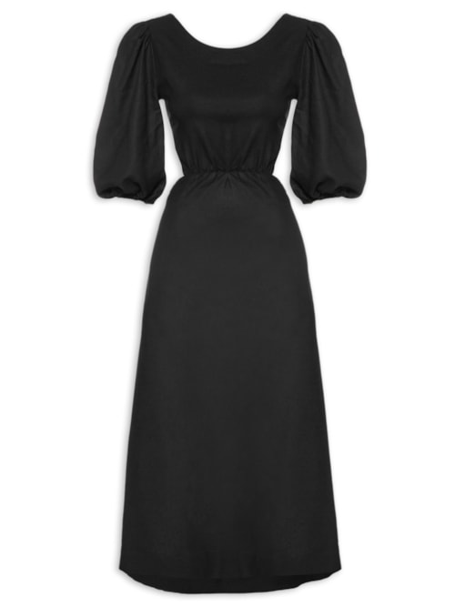 Vestido Linho Midi Recortes Amarração - Preto