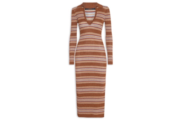 Vestido Listrado Com Lurex Decote V Gola – Marrom