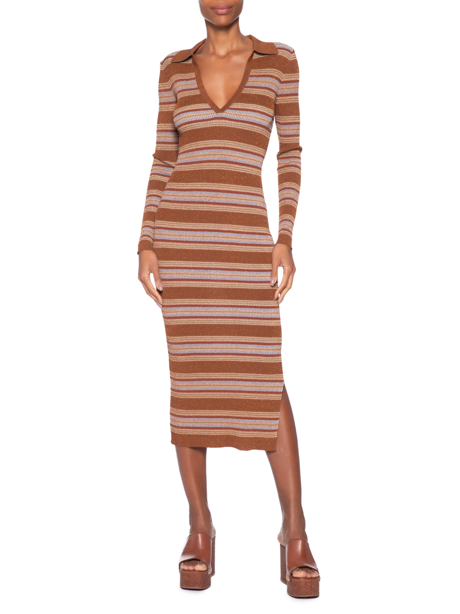 Vestido Listrado Com Lurex Decote V Gola – Marrom Animale