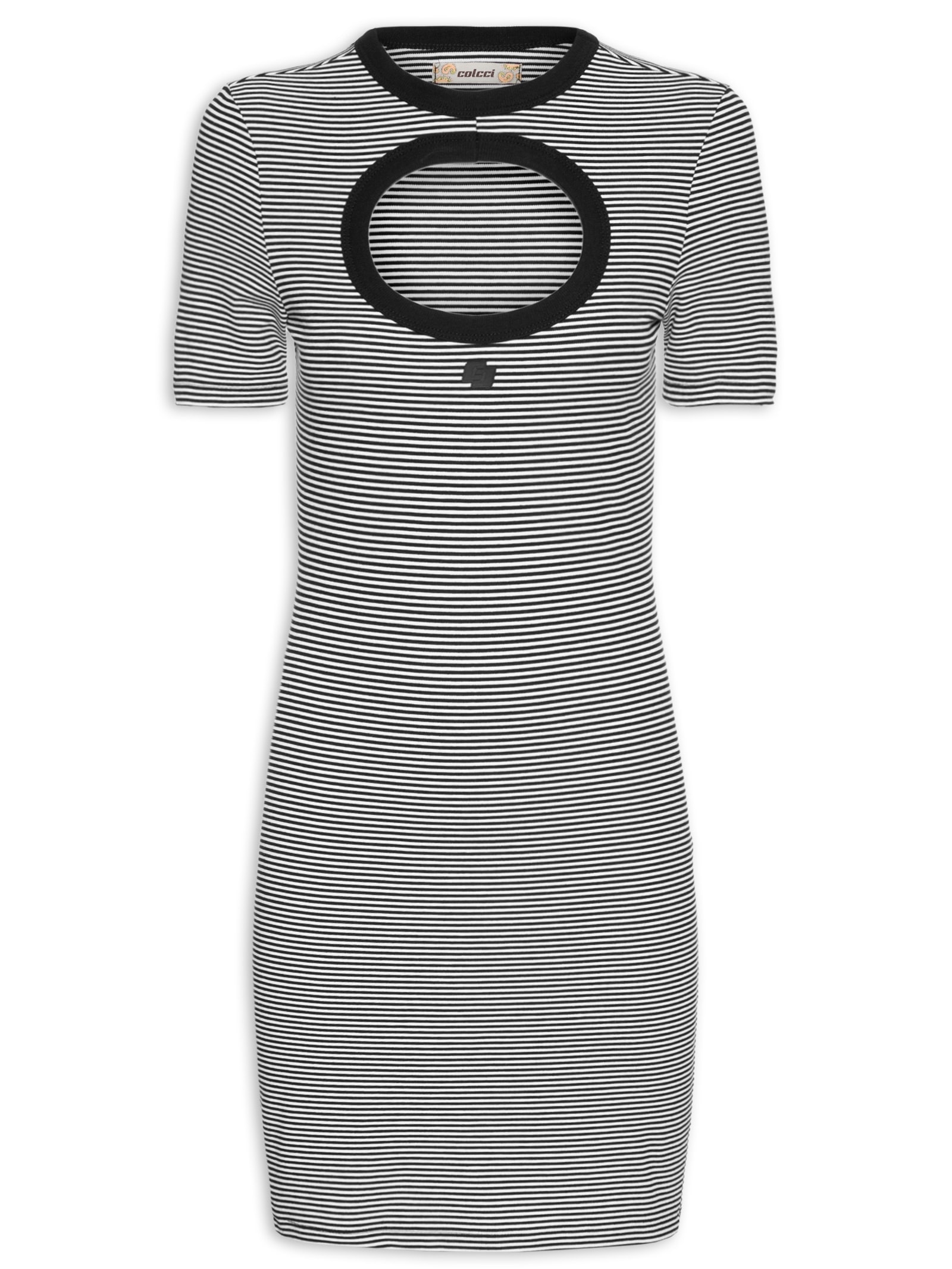  Vestido Listrado Decote Vazado  Preto Colcci