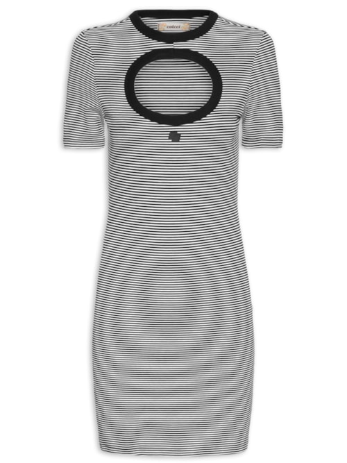 Vestido Listrado Decote Vazado – Preto