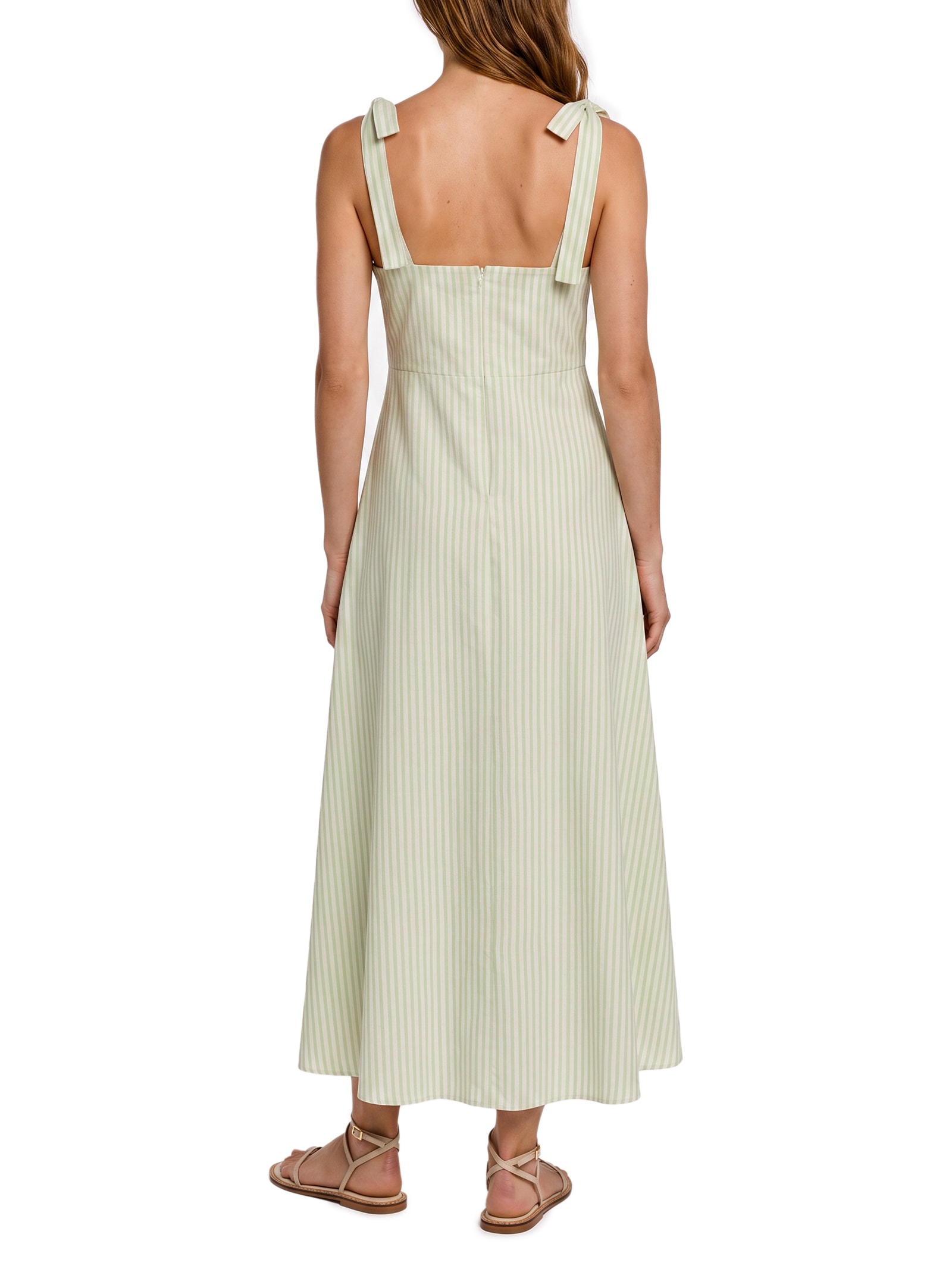 Vestido Listrado Midi Alça Laço Verde Cacay