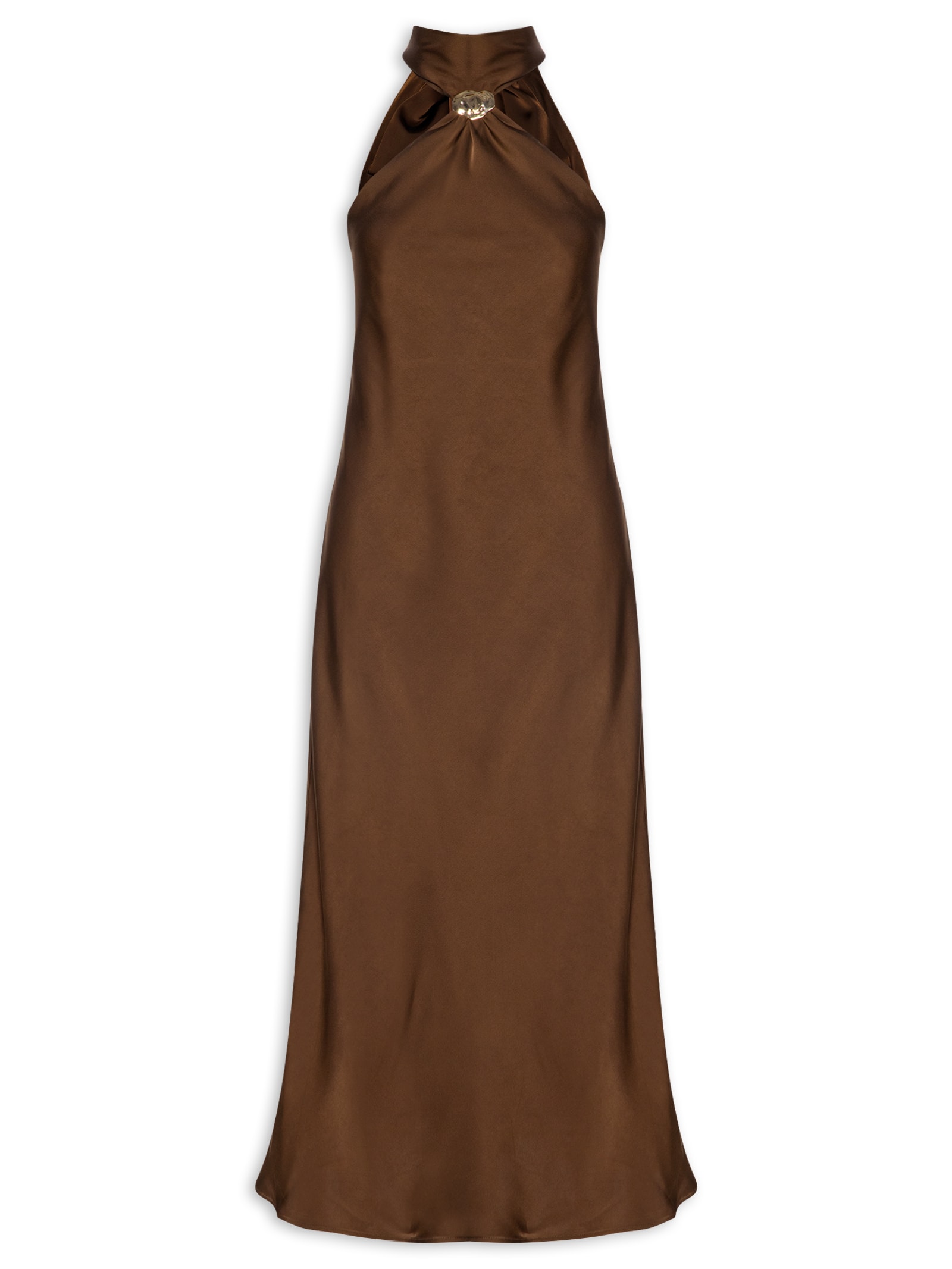 Vestido Longo Acetinado Com Detalhe Em Metal Marrom '2Essential