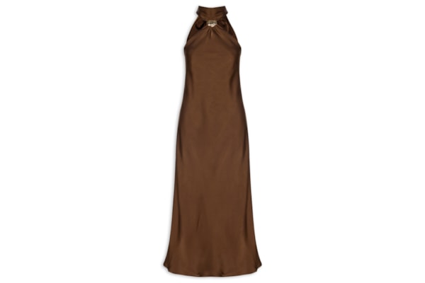 Vestido Longo Acetinado Com Detalhe Em Metal - Marrom