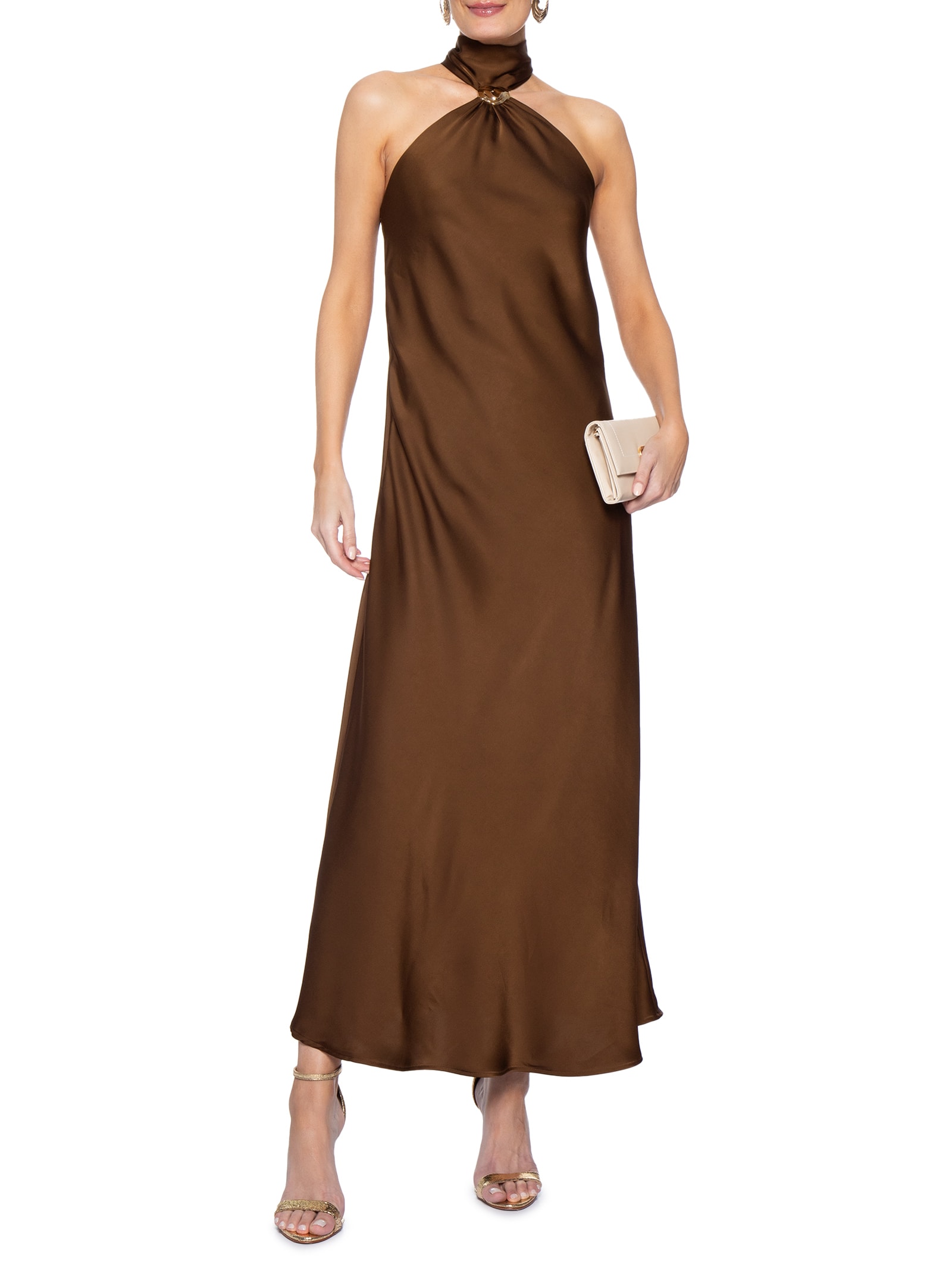 Vestido Longo Acetinado Com Detalhe Em Metal Marrom '2Essential