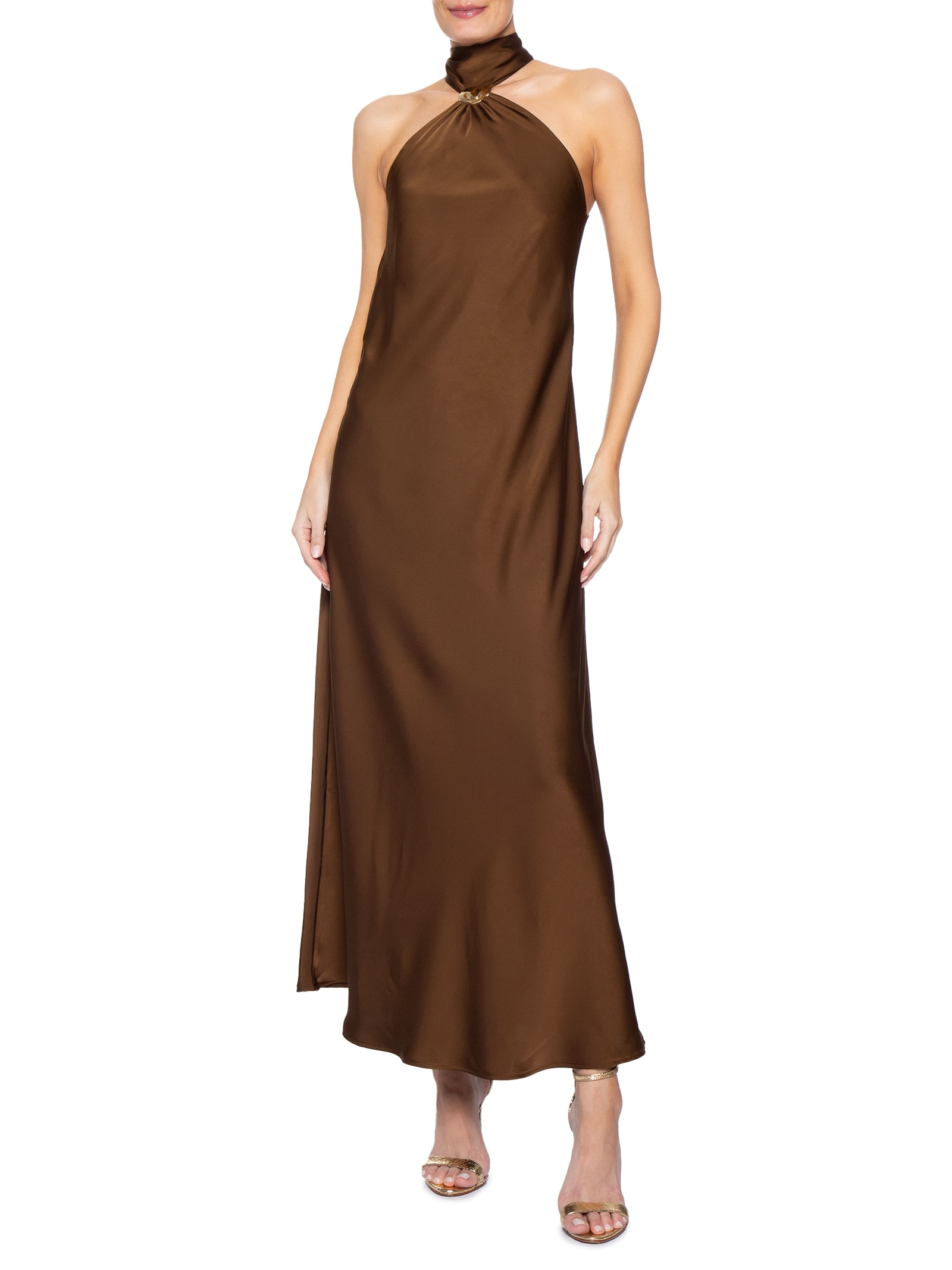 Vestido Longo Acetinado Com Detalhe Em Metal Marrom '2Essential