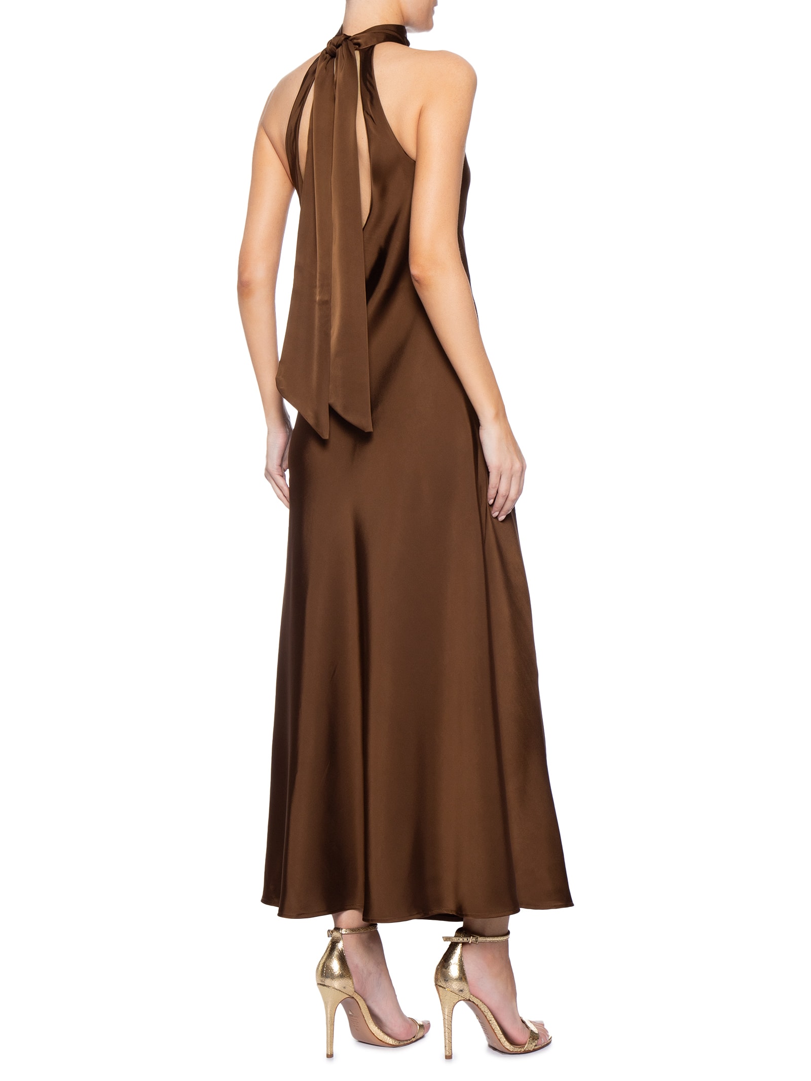 Vestido Longo Acetinado Com Detalhe Em Metal Marrom '2Essential