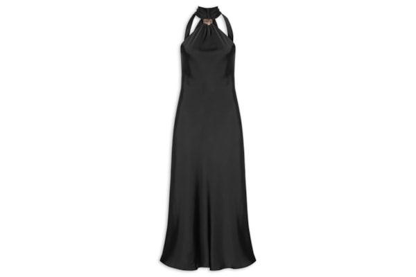 Vestido Longo Acetinado Com Detalhe Em Metal - Preto