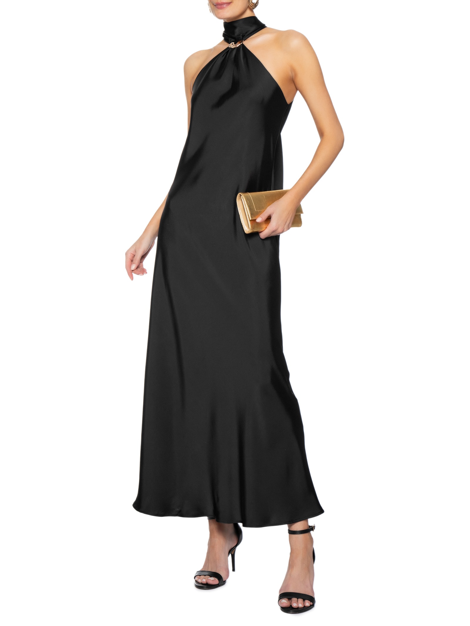 Vestido Longo Acetinado Com Detalhe Em Metal Preto '2Essential