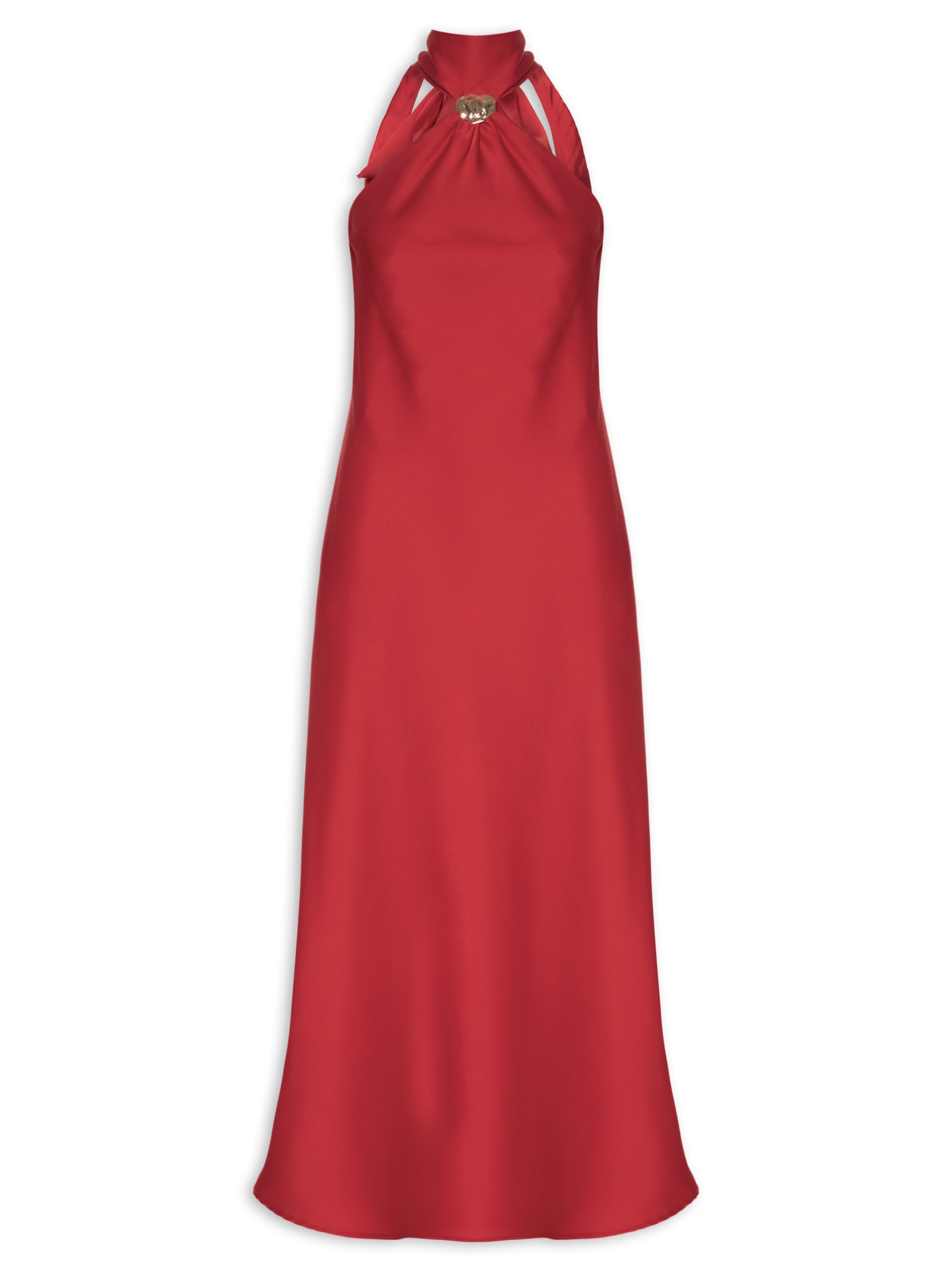 Vestido Longo Acetinado Com Detalhe Em Metal Vermelho '2Essential