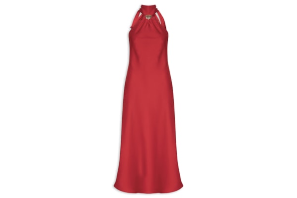 Vestido Longo Acetinado Com Detalhe Em Metal - Vermelho