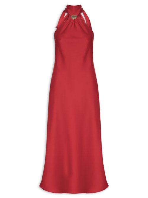 Vestido Longo Acetinado Com Detalhe Em Metal - Vermelho