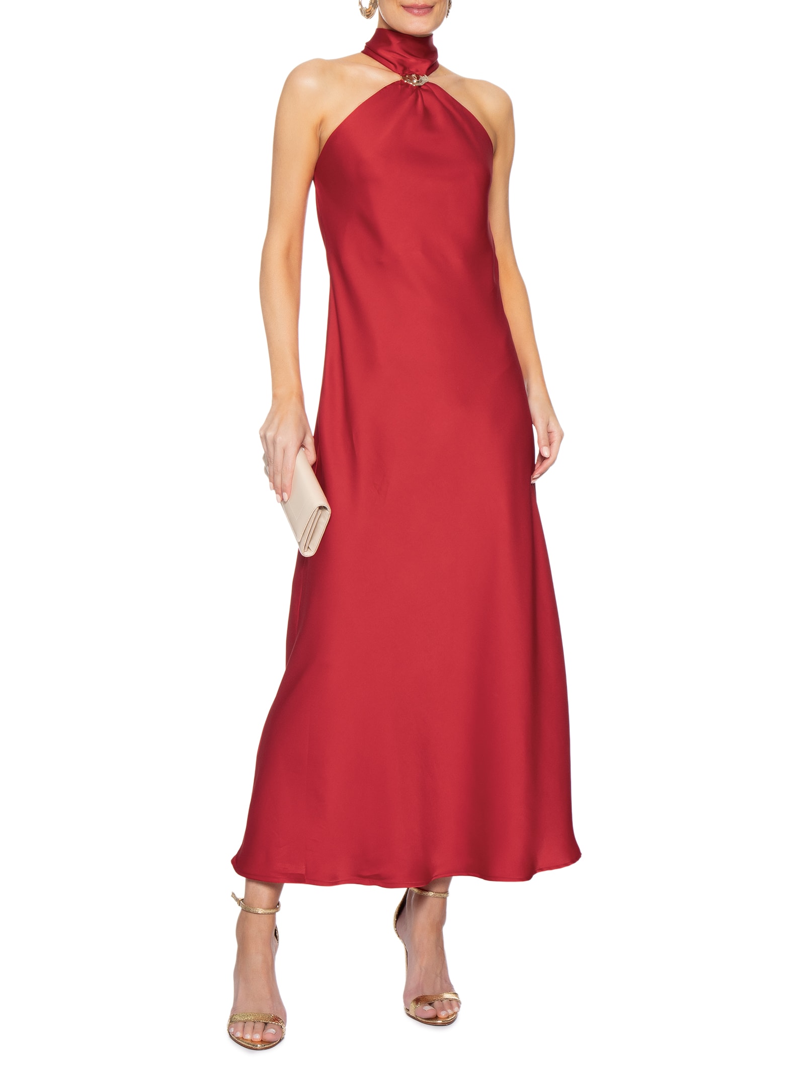 Vestido Longo Acetinado Com Detalhe Em Metal Vermelho '2Essential