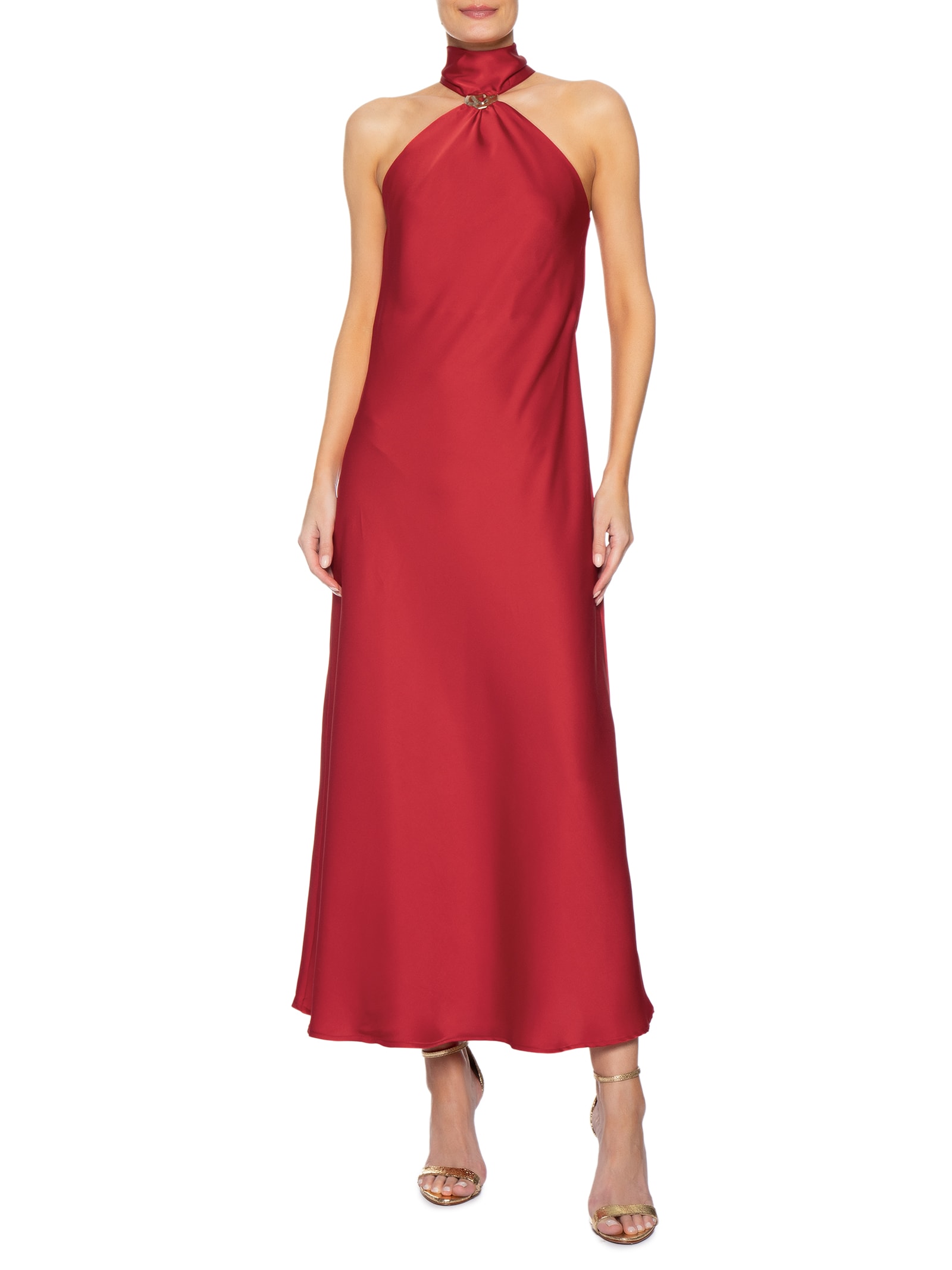 Vestido Longo Acetinado Com Detalhe Em Metal Vermelho '2Essential