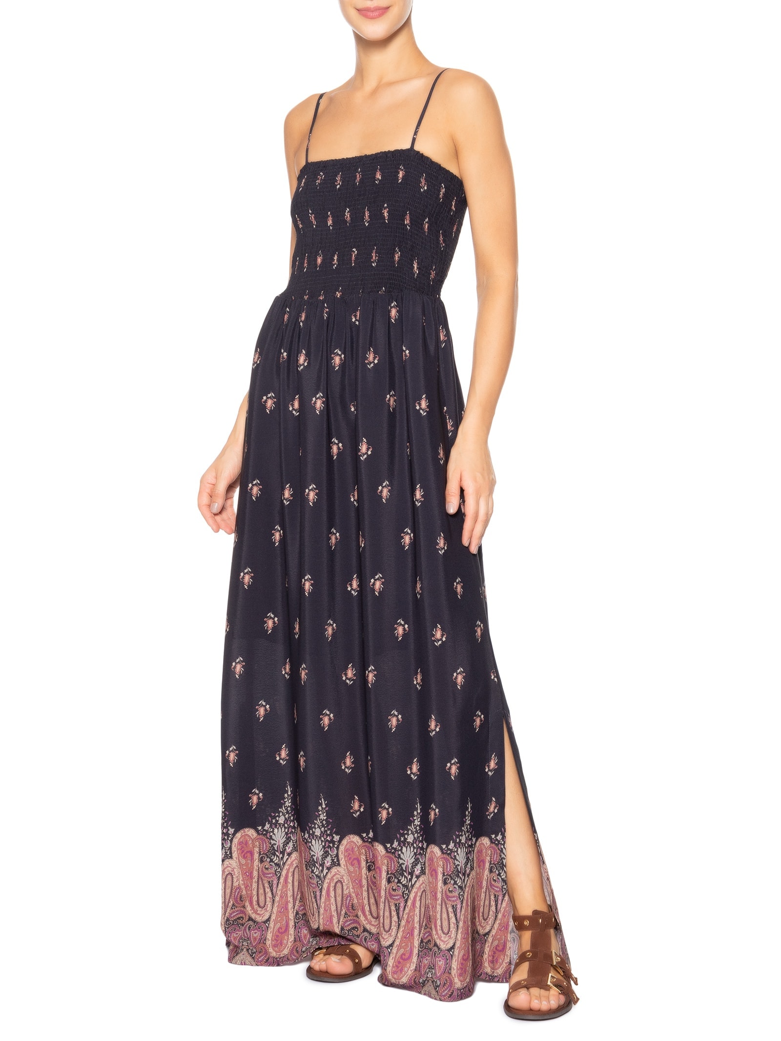 Vestido Longo Alcinha Estampada Mian Preto Maria Filó